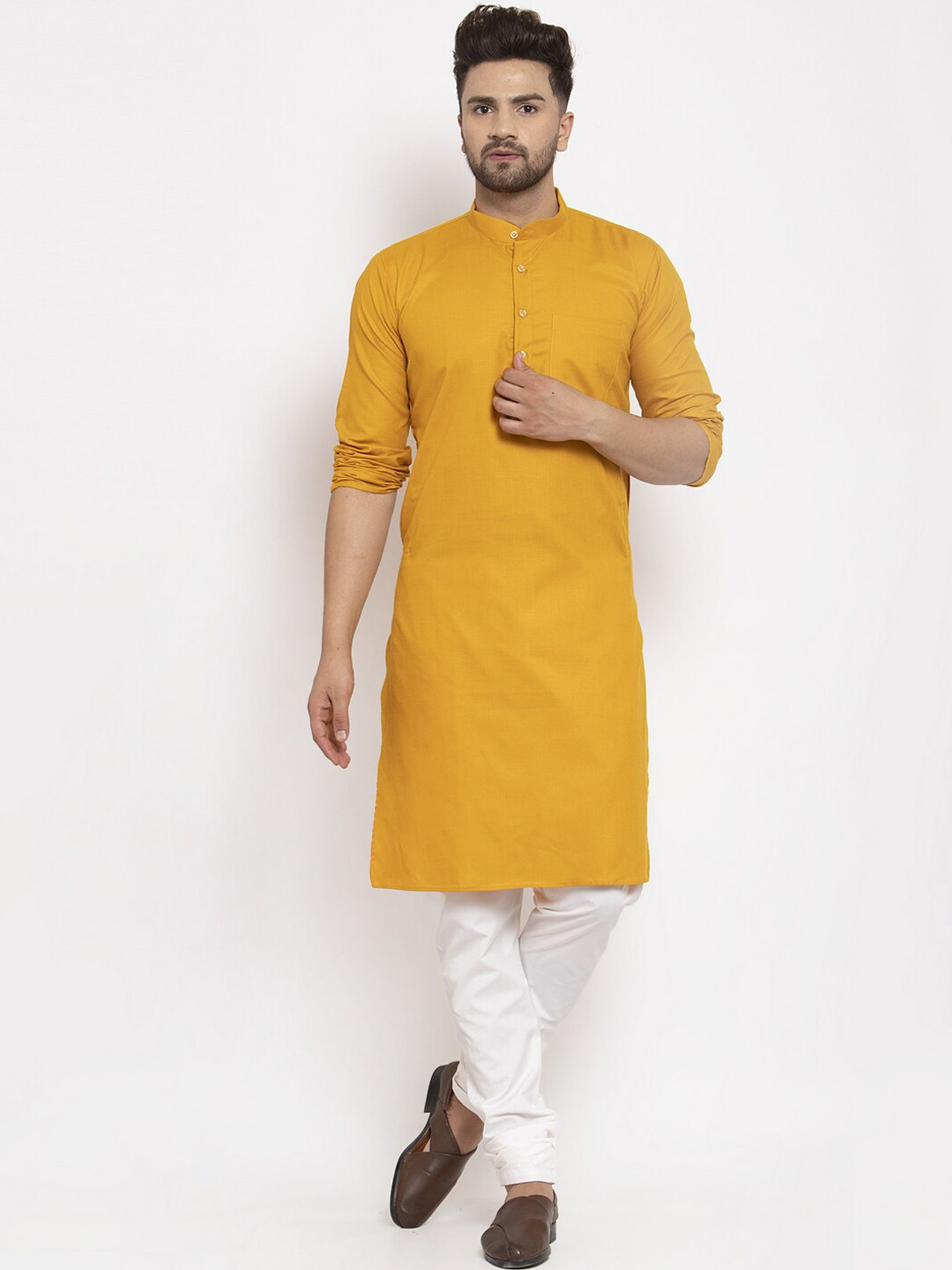 Kaifoo Men Mustard Yellow Solid Cotton Blend Long Kurta
