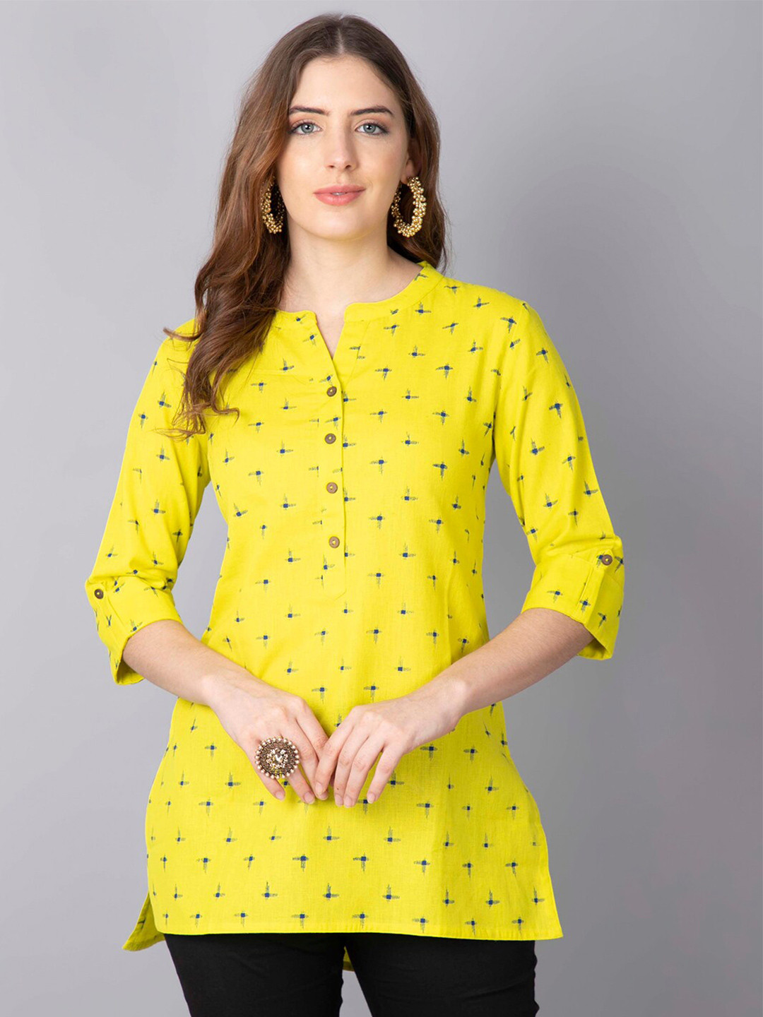 Pistaa Lime Green & Blue Geometric Printed Kurti