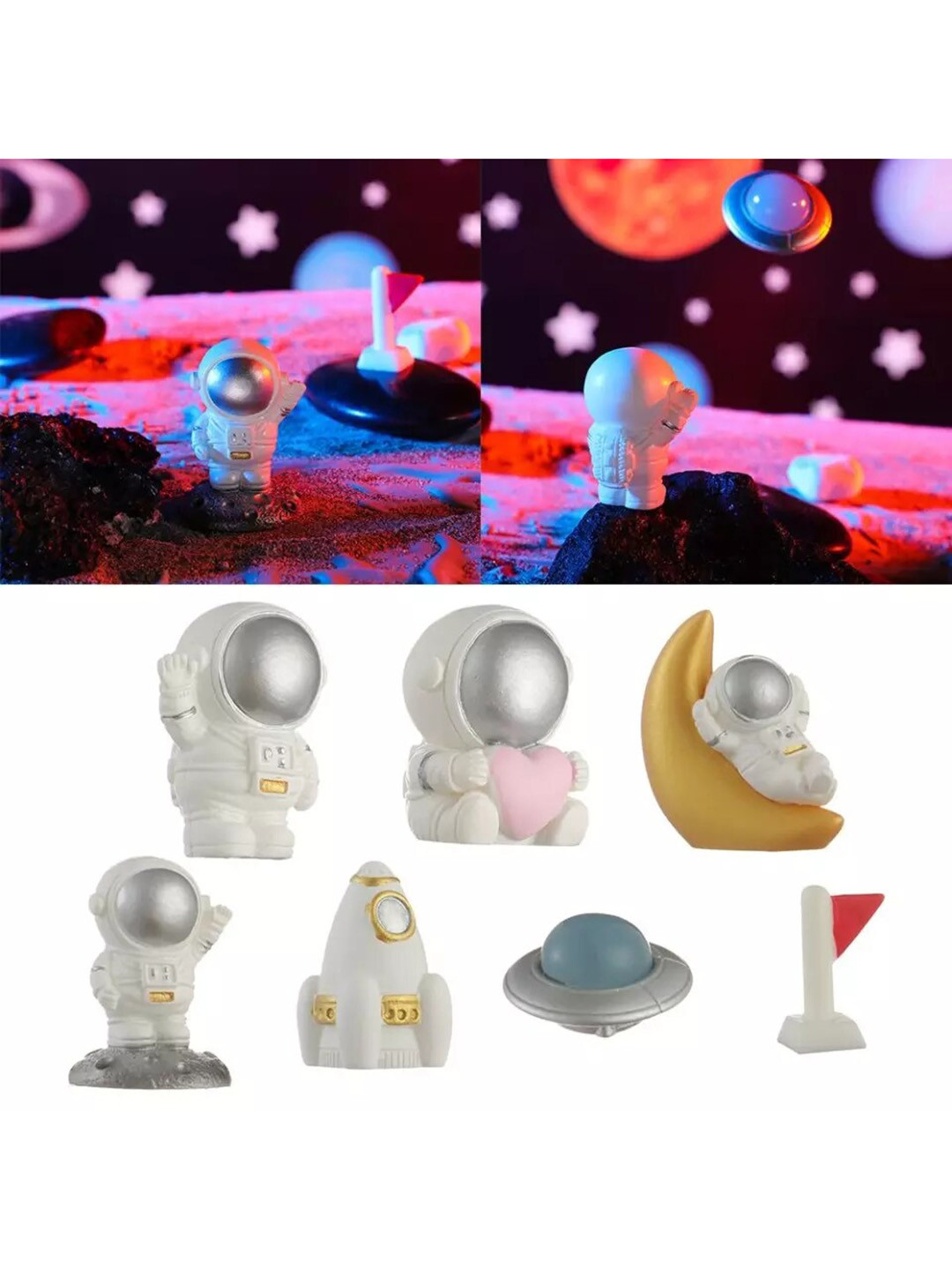 CHOCOZONE Set Of 7 White Astronaut Spaceship Miniature Space Crafts