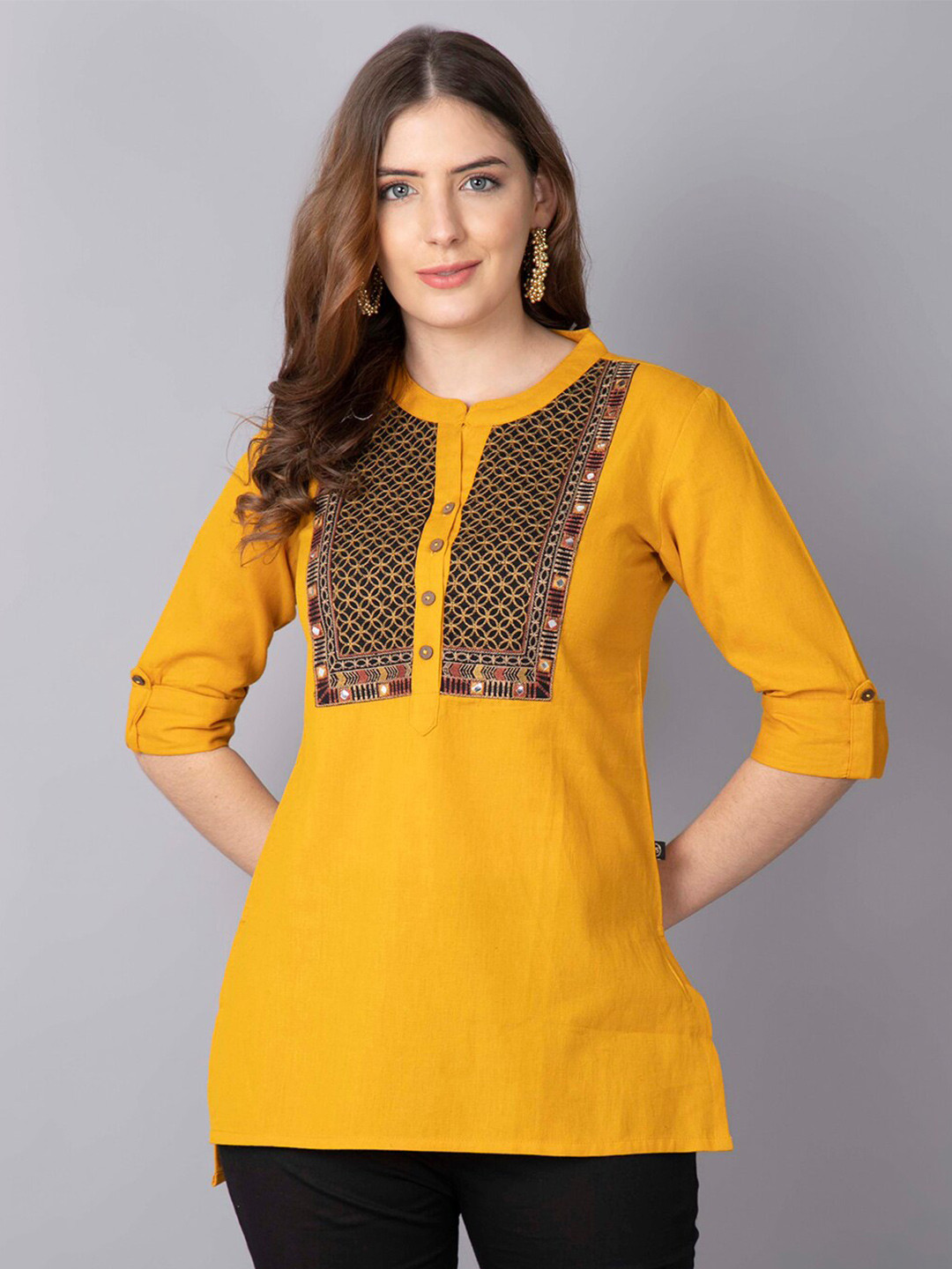 Pistaa Yellow & Black Embroidered Mirror Work Mirror Work Kurti