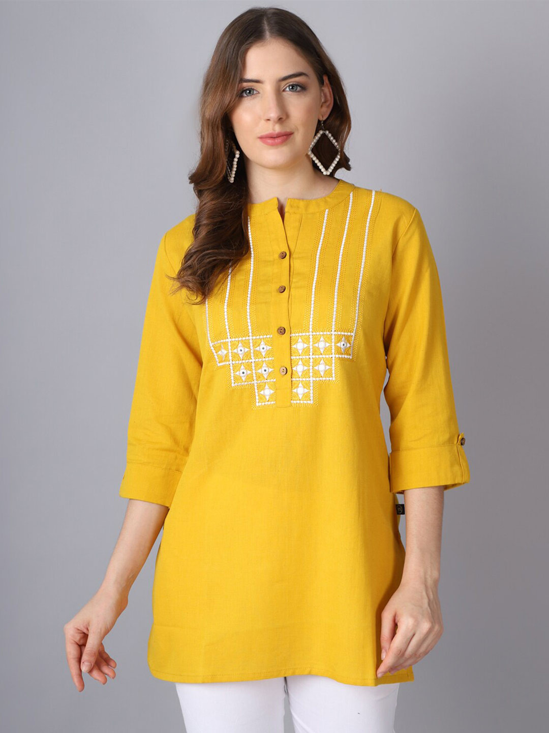 Pistaa Yellow & White Embroidered Kurti