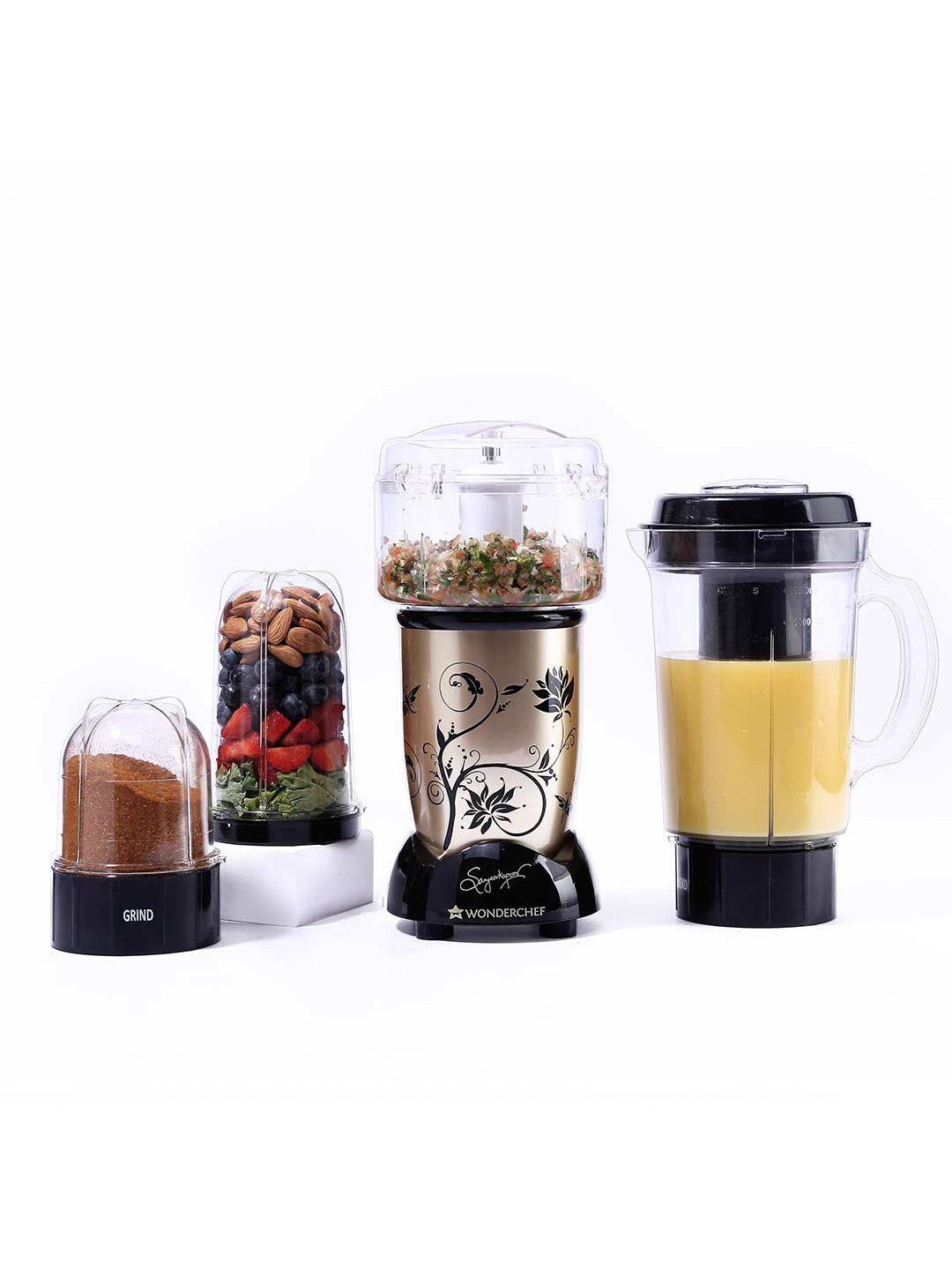 Wonderchef Nutri-Blend Champagne Plastic Safety Lock 4 Jars Wet and Dry Grinder with Juicer-600W