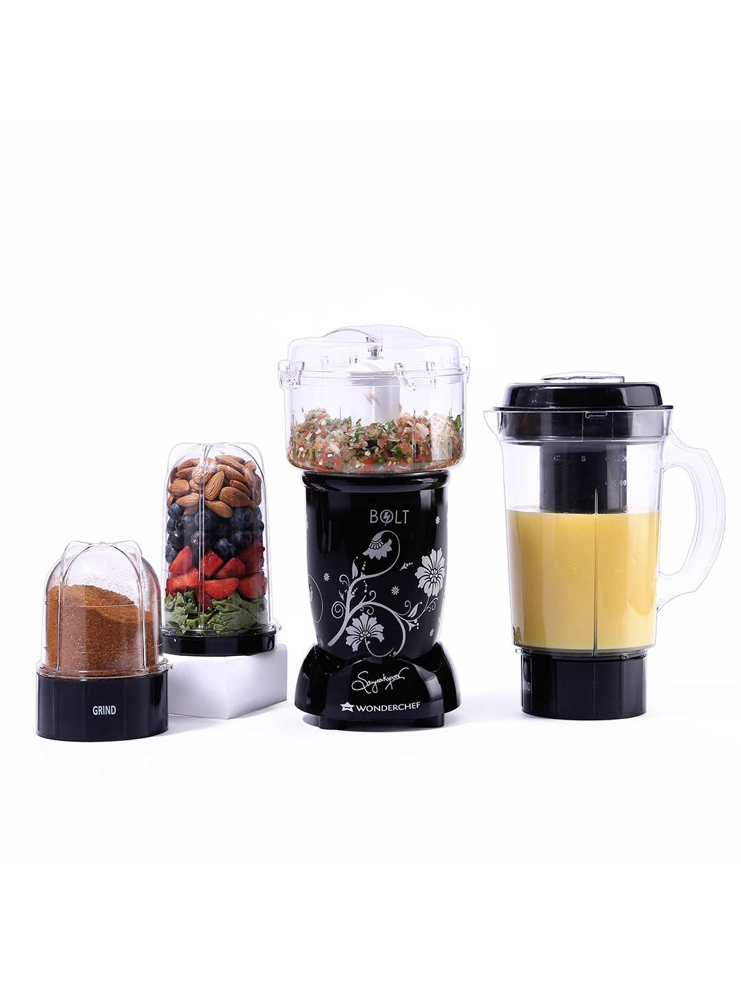 Wonderchef Nutri Bolt Ckm Black Plastic Surgical Steel Blades 4 Jars Wet and Dry Grinder-600W