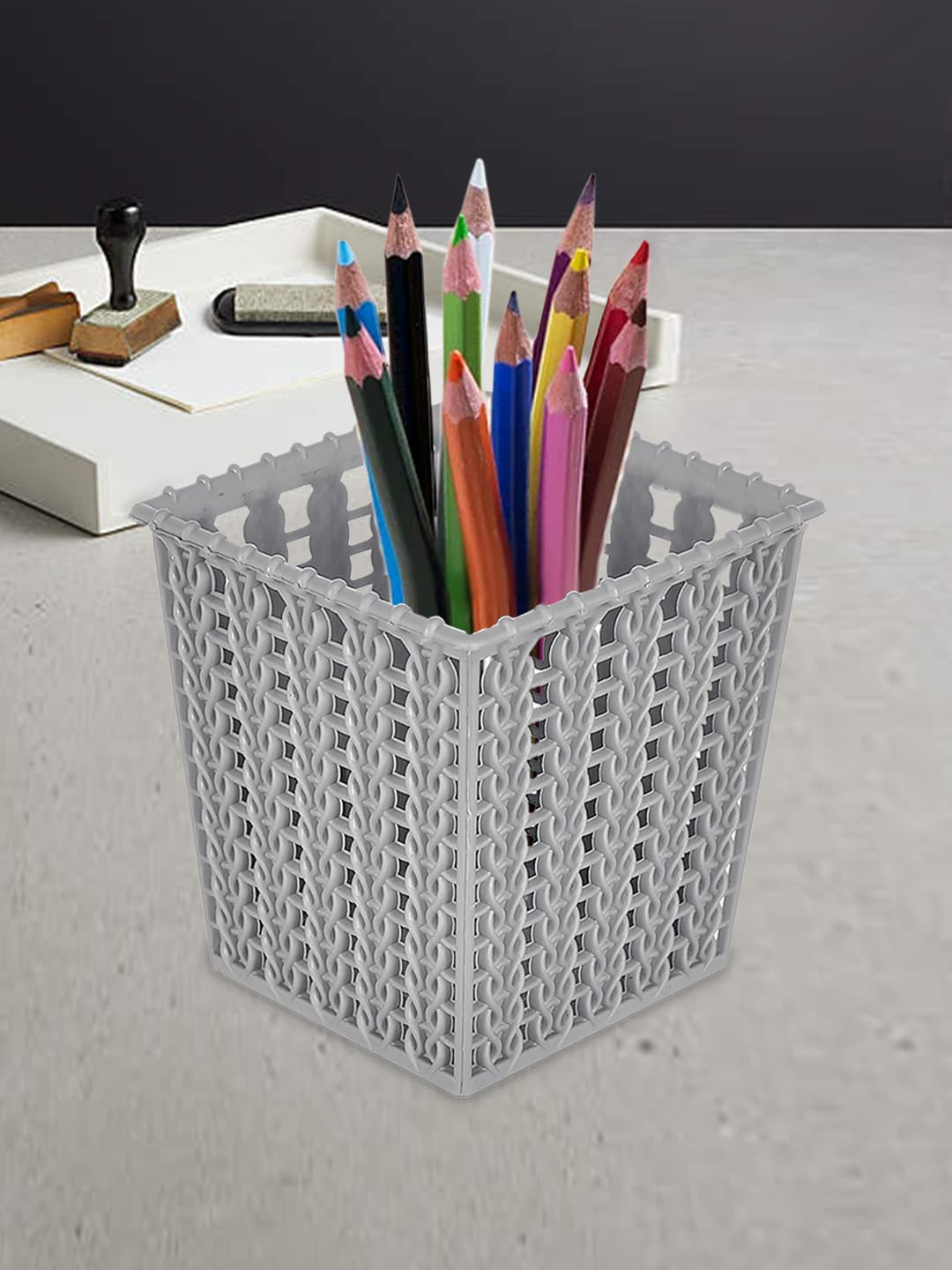 Kuber Industries Set Of 3 Grey Textured Desk Organisers