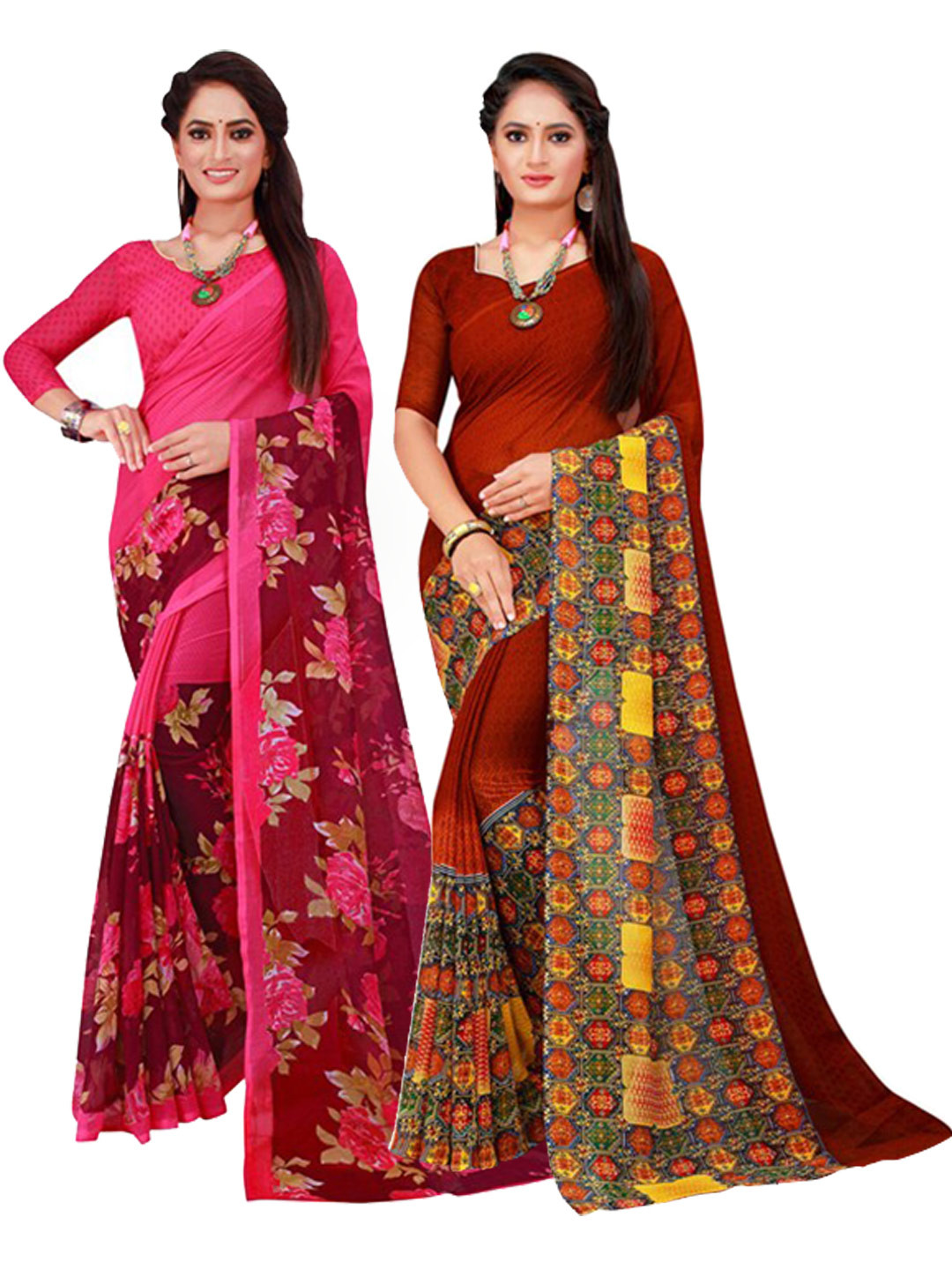 Florence Pack of 2 Magenta & Maroon Floral Pure Georgette Sarees