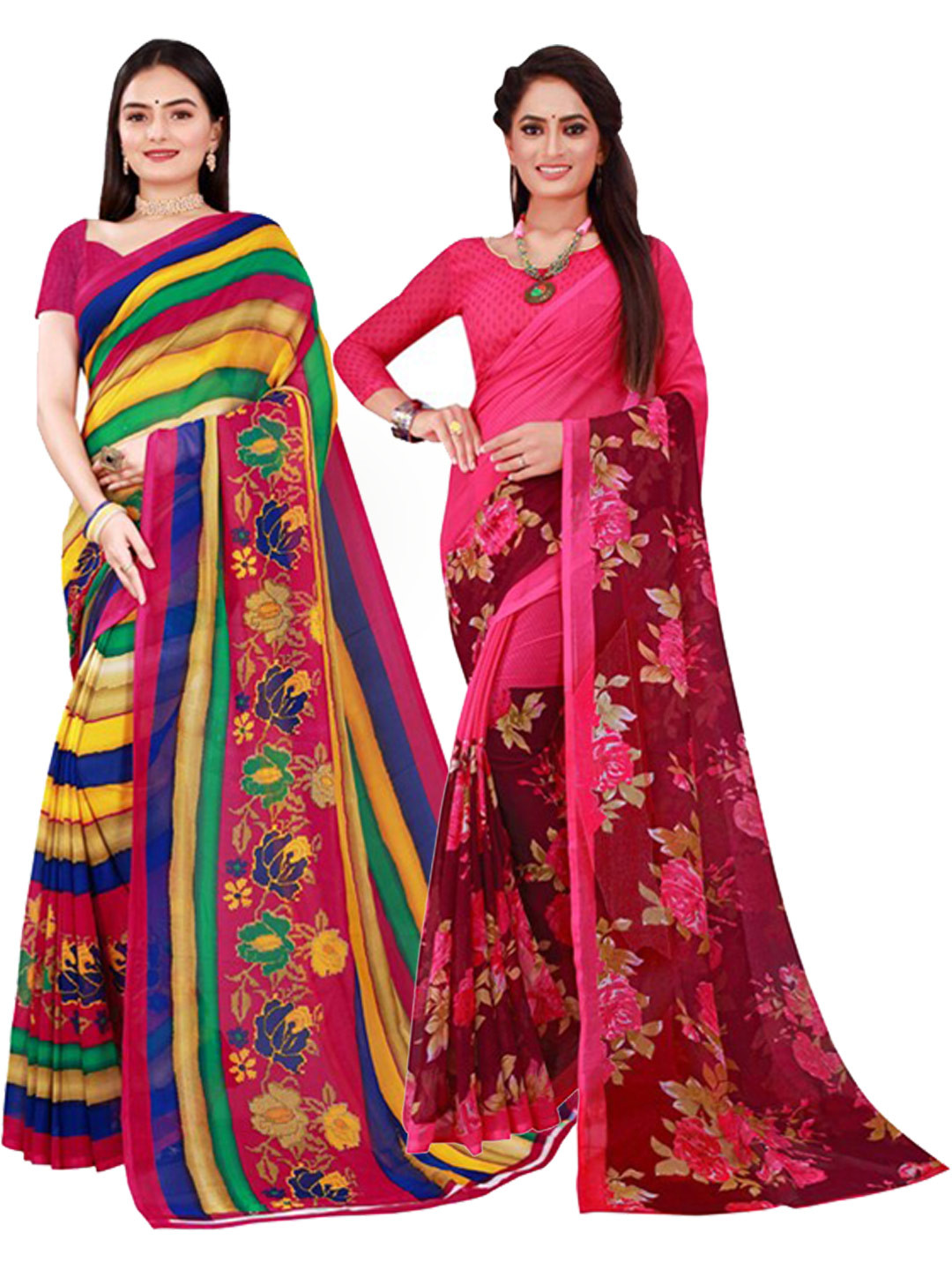 Florence Pink & Yellow Pure Pack of 2 Printed Georgette Saree