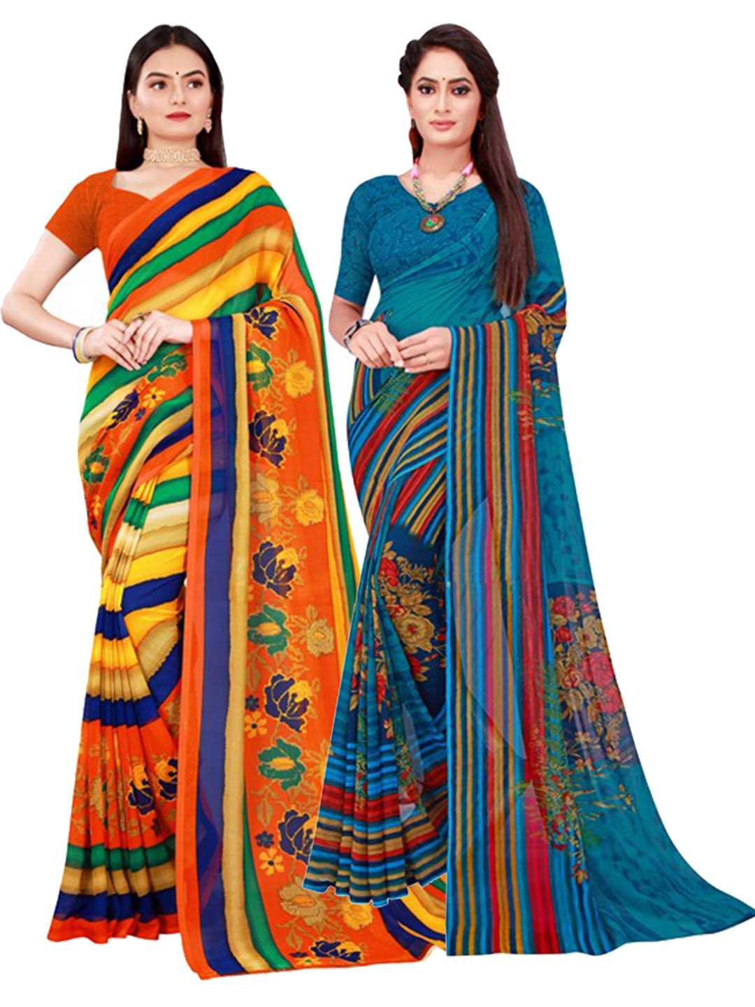 Florence Orange & Blue Floral Pure Georgette Saree