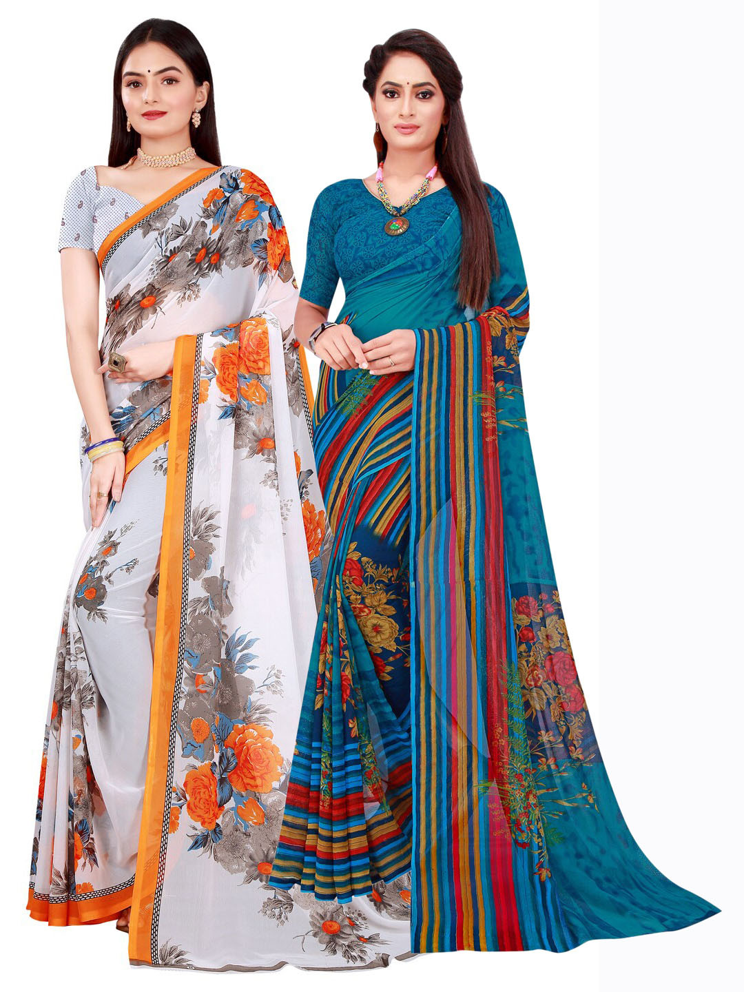 Florence Teal & White Floral Printed Pure Georgette Saree