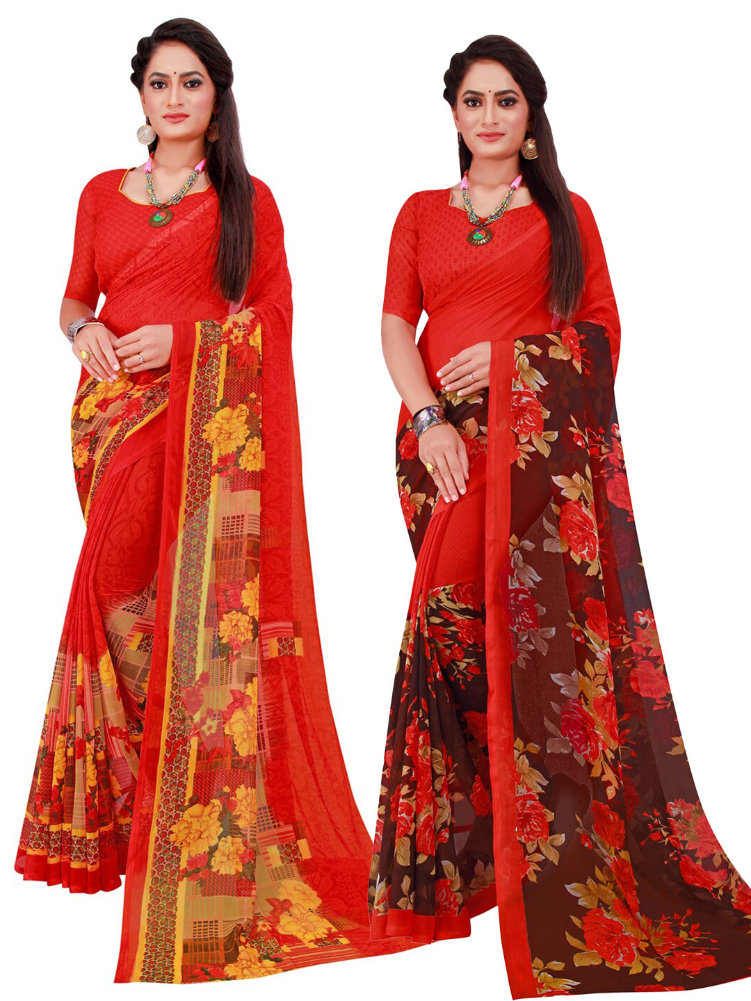 Florence Red & Pink Pure Pack of 2 Printed Georgette Saree