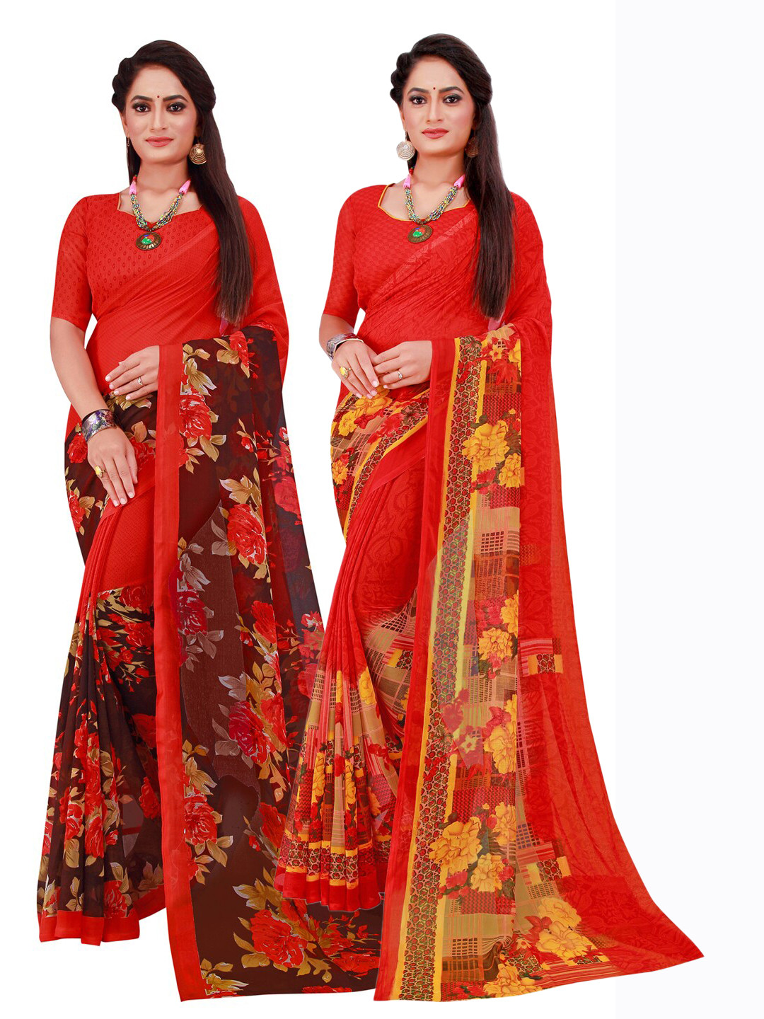 KALINI Red & Green Set Of 2 Pure Georgette Saree