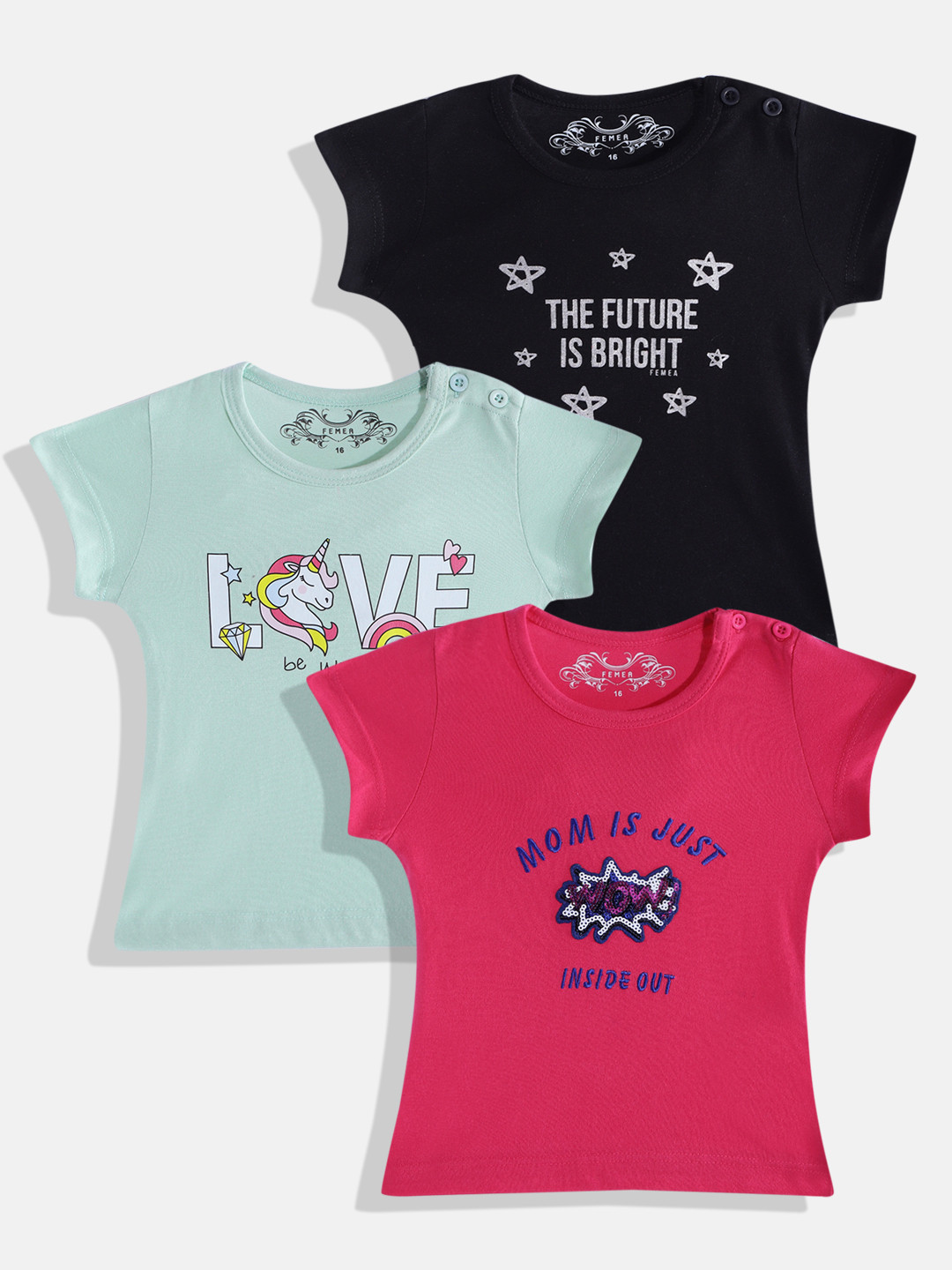 FEMEA Girls Magenta & Sea Green Set of 3 T-shirt