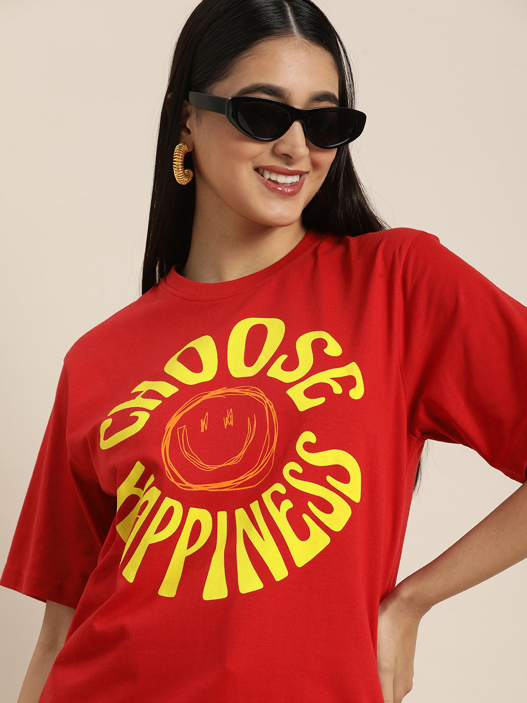 Difference of Opinion Red & Yellow Typography Printed Cotton Oversized Longline T-shirt
