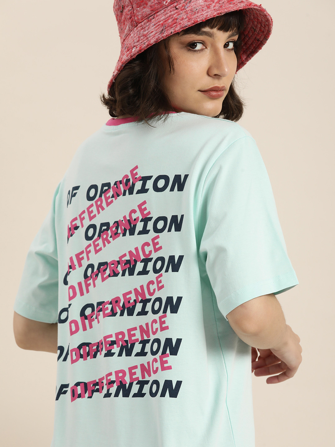 Difference of Opinion Blue & Pink Back Typography Print Cotton Oversized Longline T-shirt