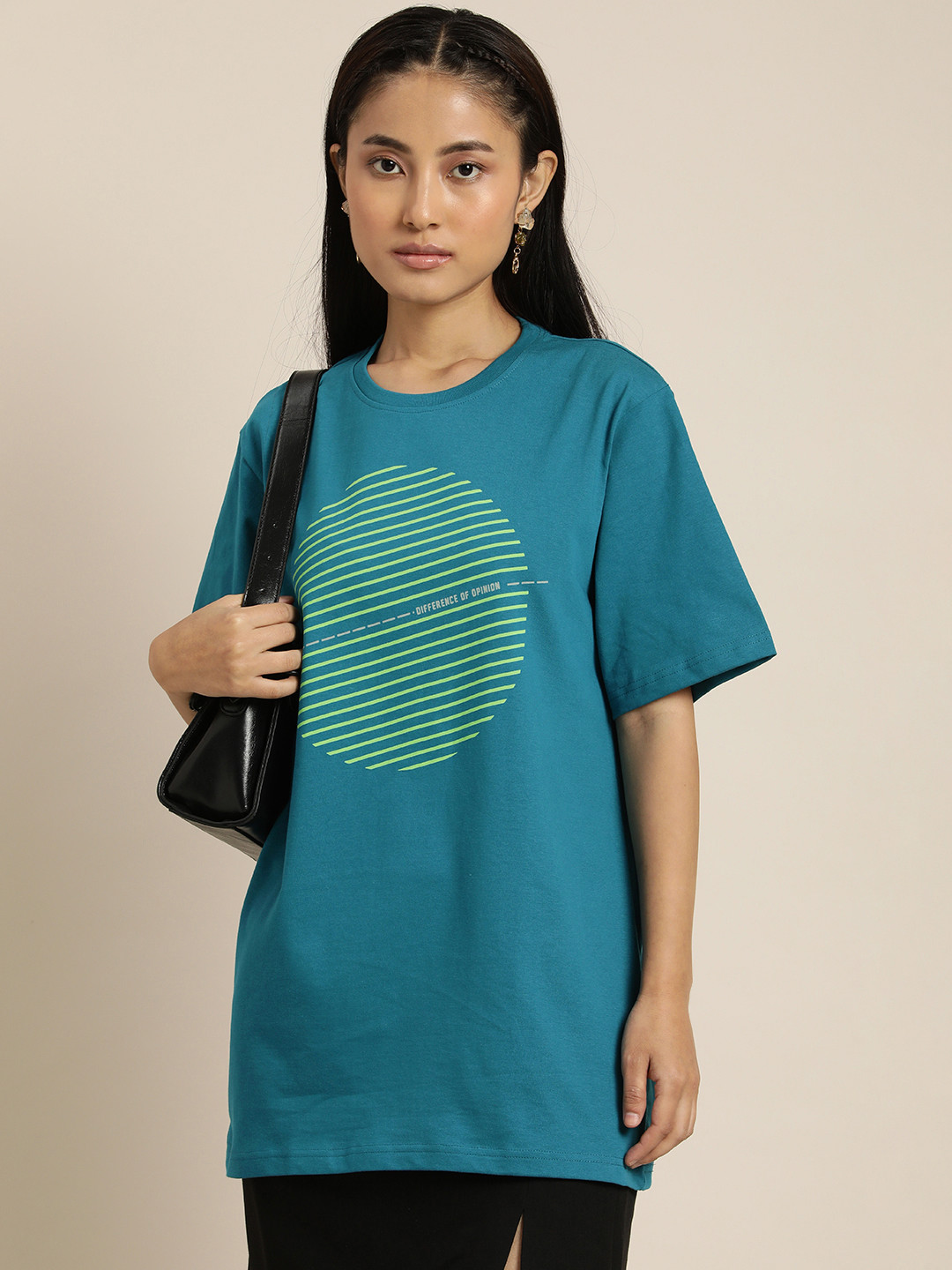 Difference of Opinion Women Blue & Green Brand Logo Printed Drop-Shoulder Sleeves Pure Cotton Oversized T-shirt