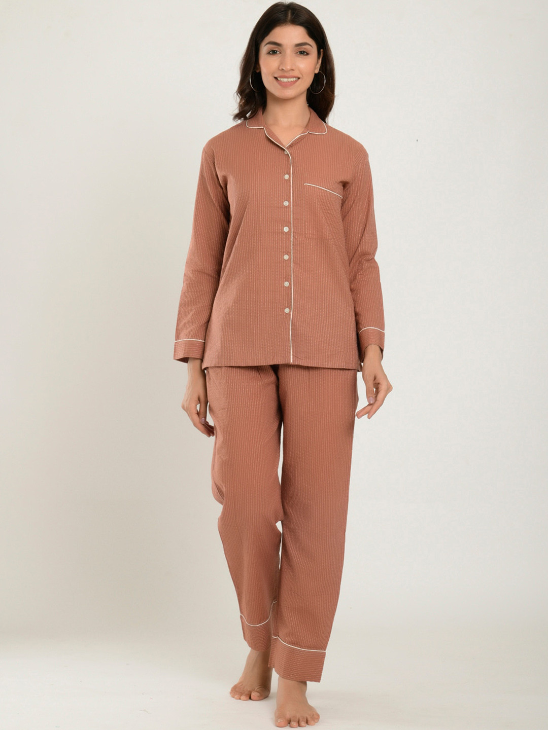 CRAFIQA Women Rust Striped Night suit