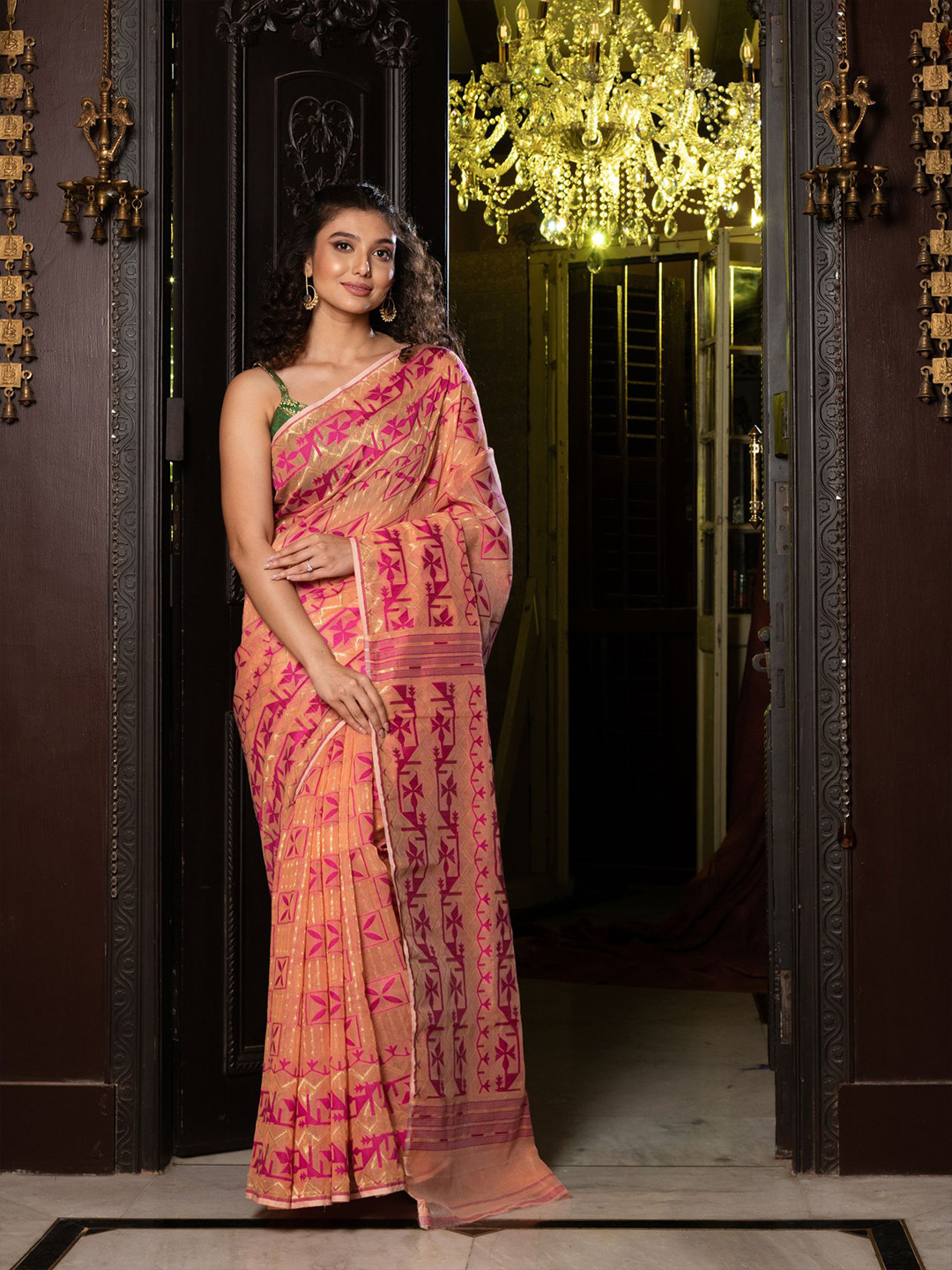 Charukriti Peach-Coloured & Pink Woven Design Silk Cotton Jamdani Saree
