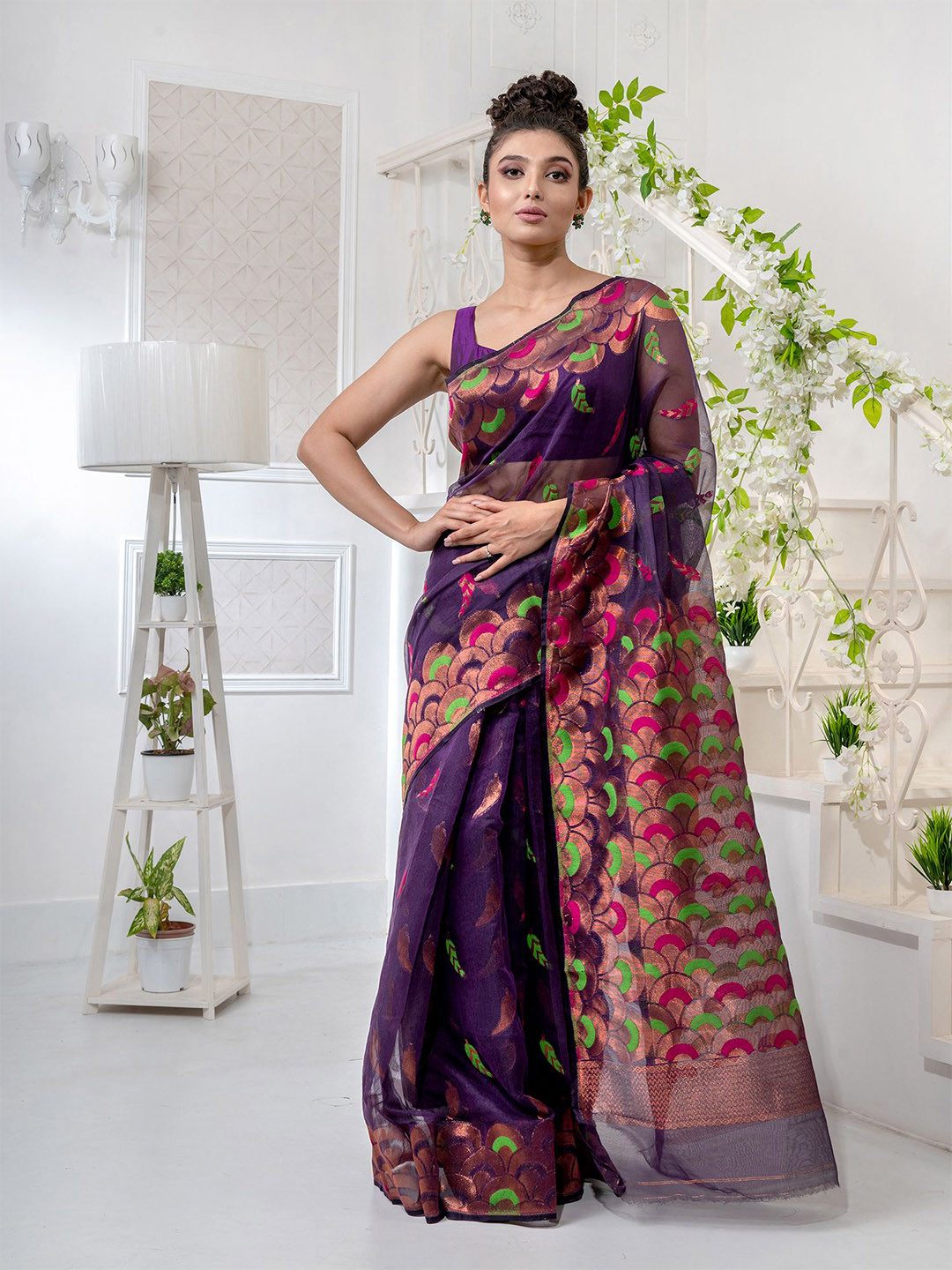 Charukriti Purple & Green Woven Design Silk Cotton Jamdani Saree