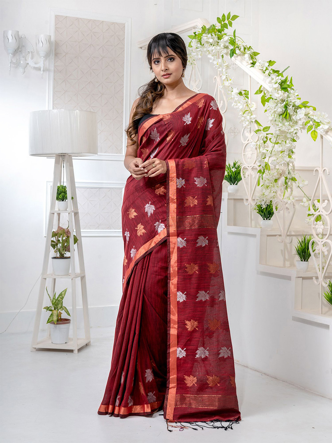 Charukriti Red & Copper-Toned Woven Design Pure Linen Saree