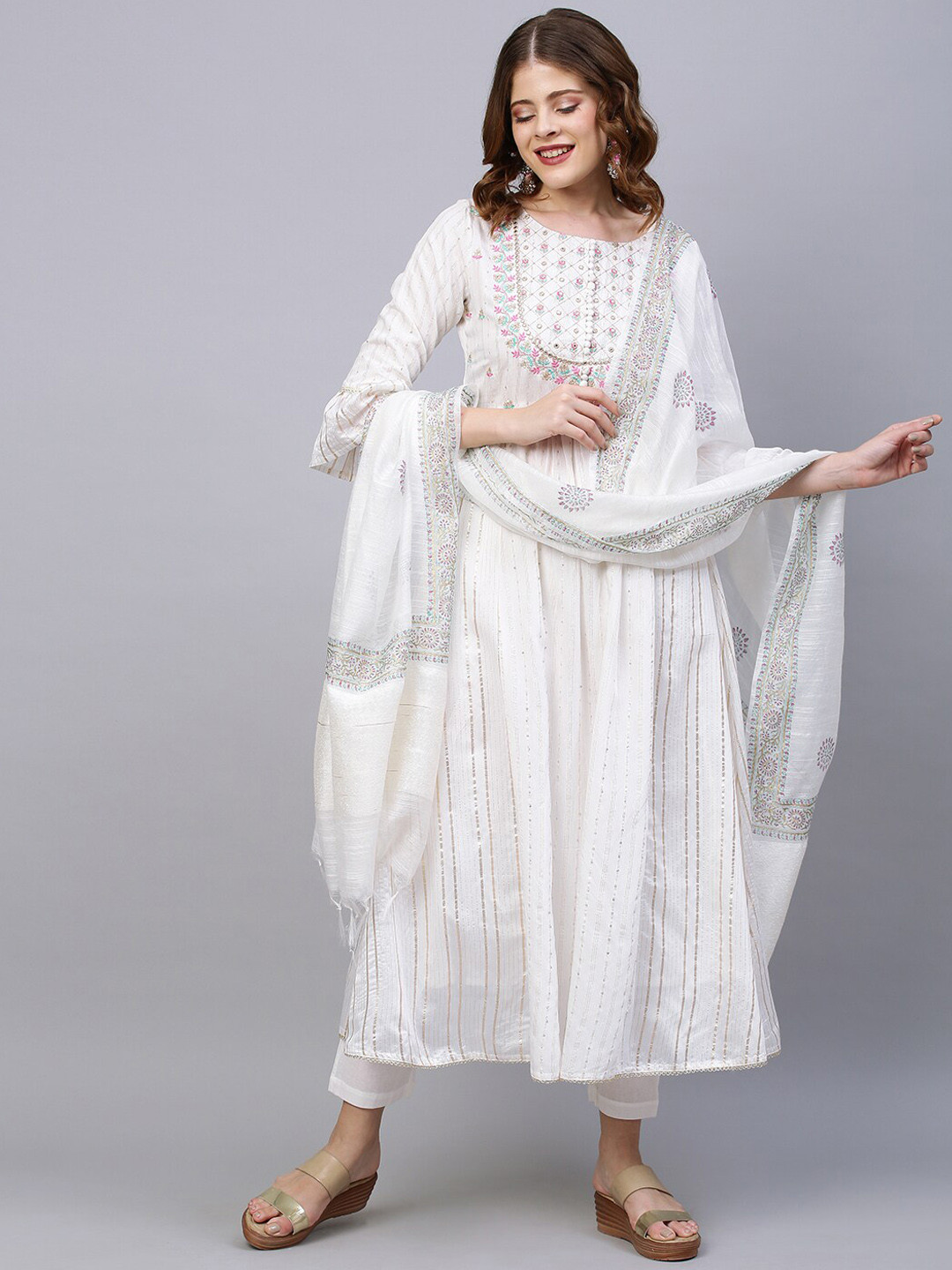 FASHOR Women White Embroidered Chanderi Silk Kurta with Trousers & Dupatta