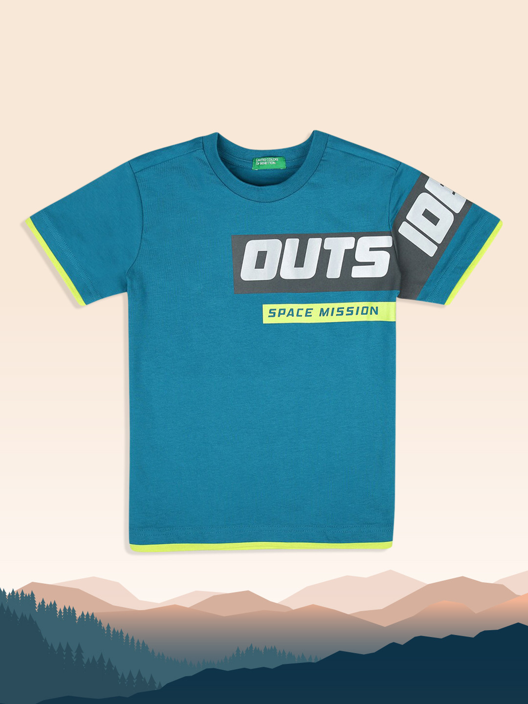 United Colors of Benetton Boys Green & caribbean sea Typography Colourblocked Applique T-shirt