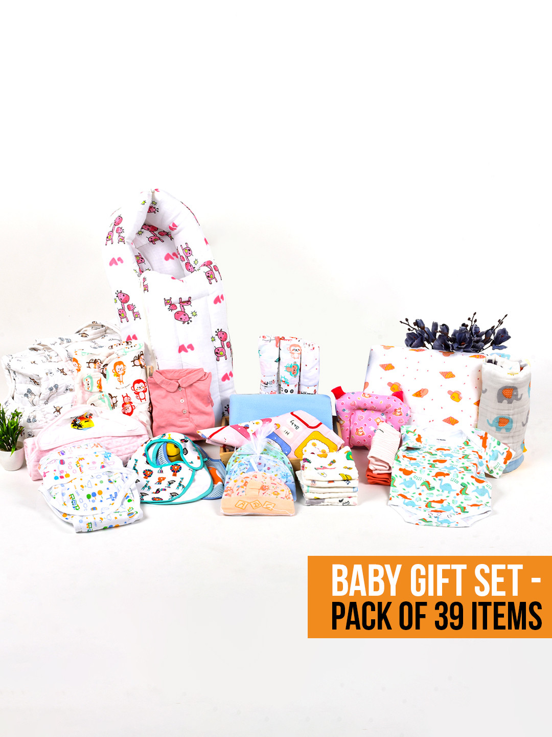 Moms Home New Born Pack of 39 Organic Cotton Baby Essentials Gift Set