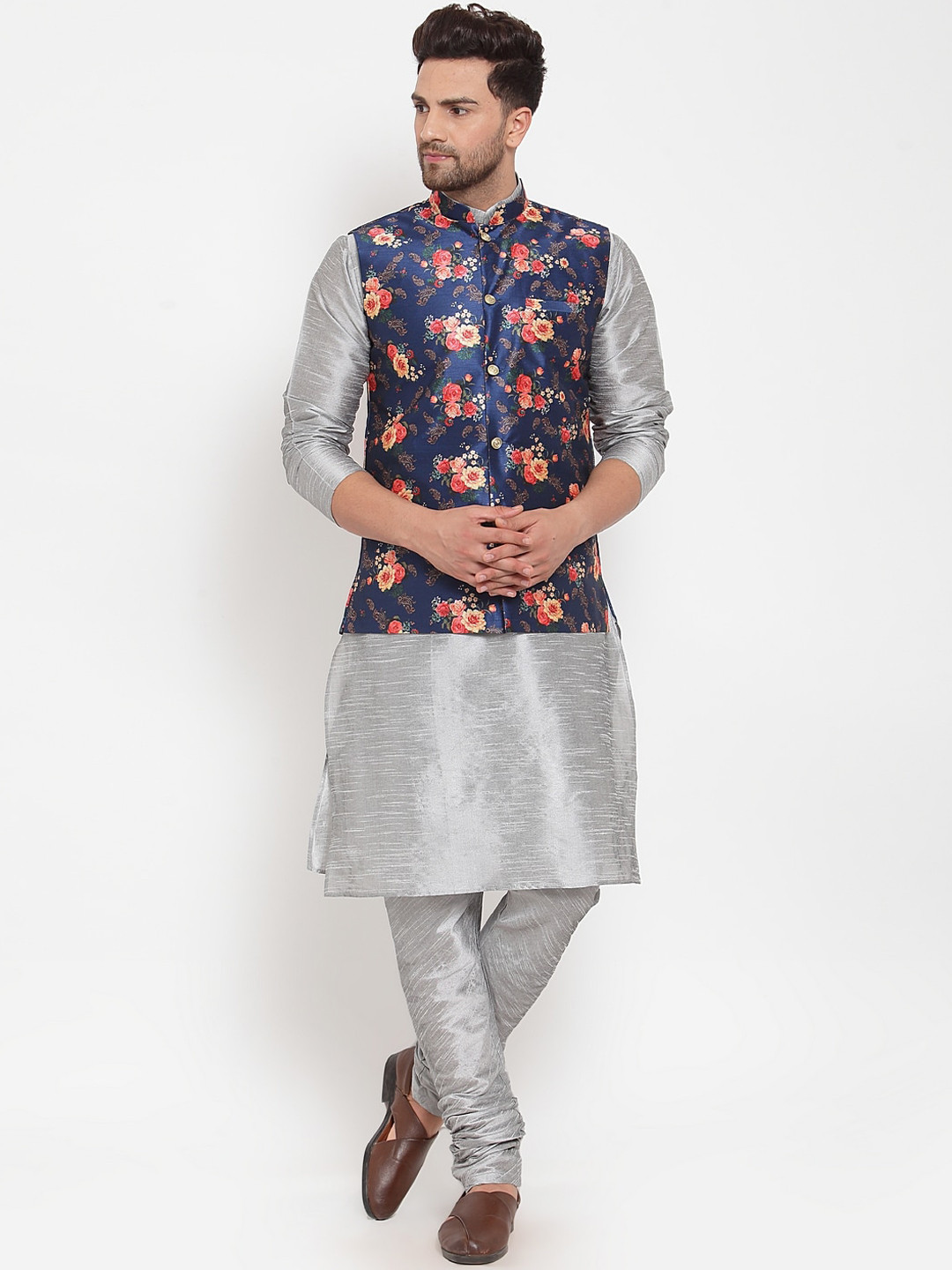 KRAFT INDIA Kurta with Churidar & Printed Nehru Jacket