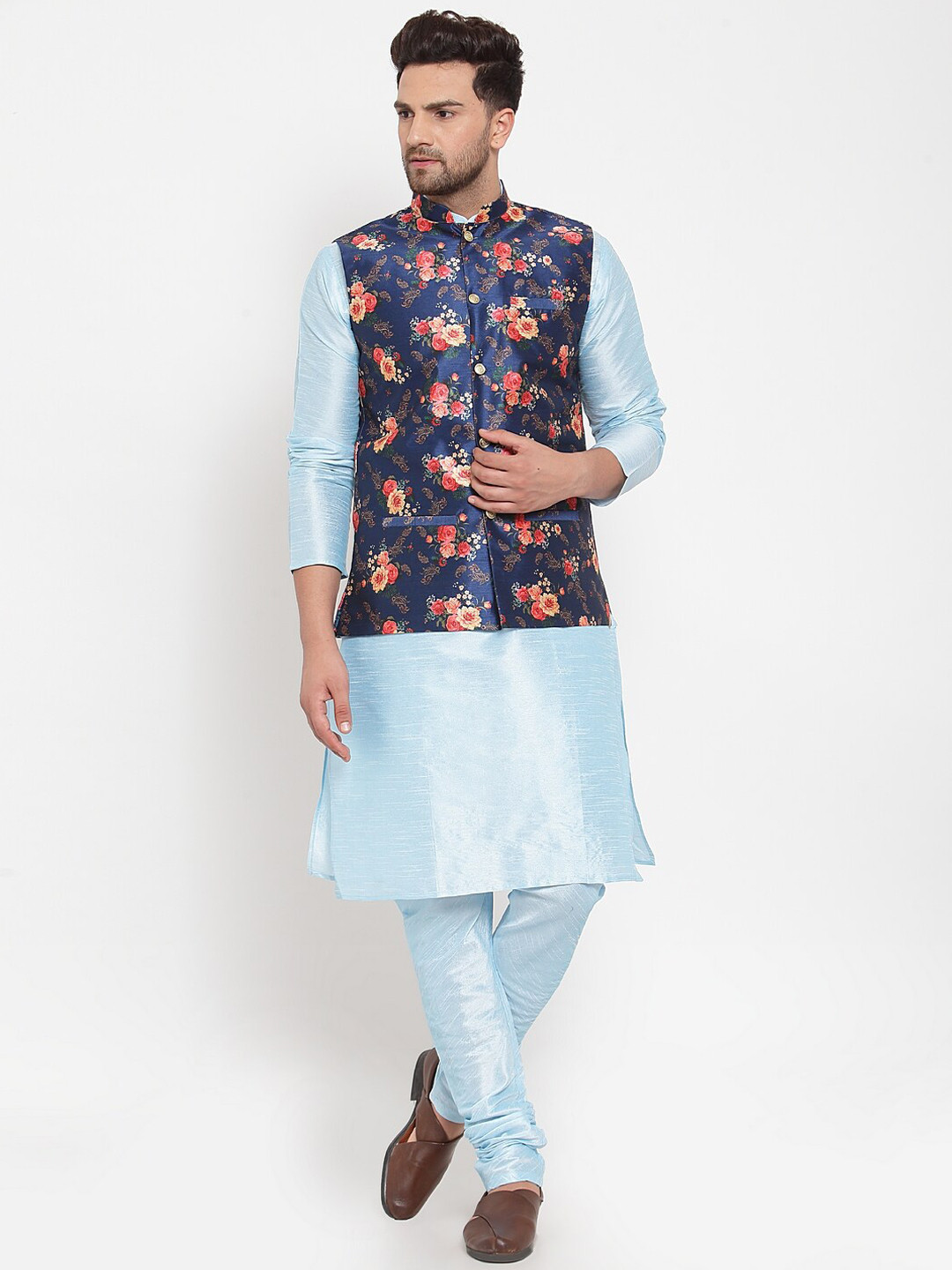 KRAFT INDIA Men Turquoise Blue Kurta with Churidar & Printed Nehru Jacket