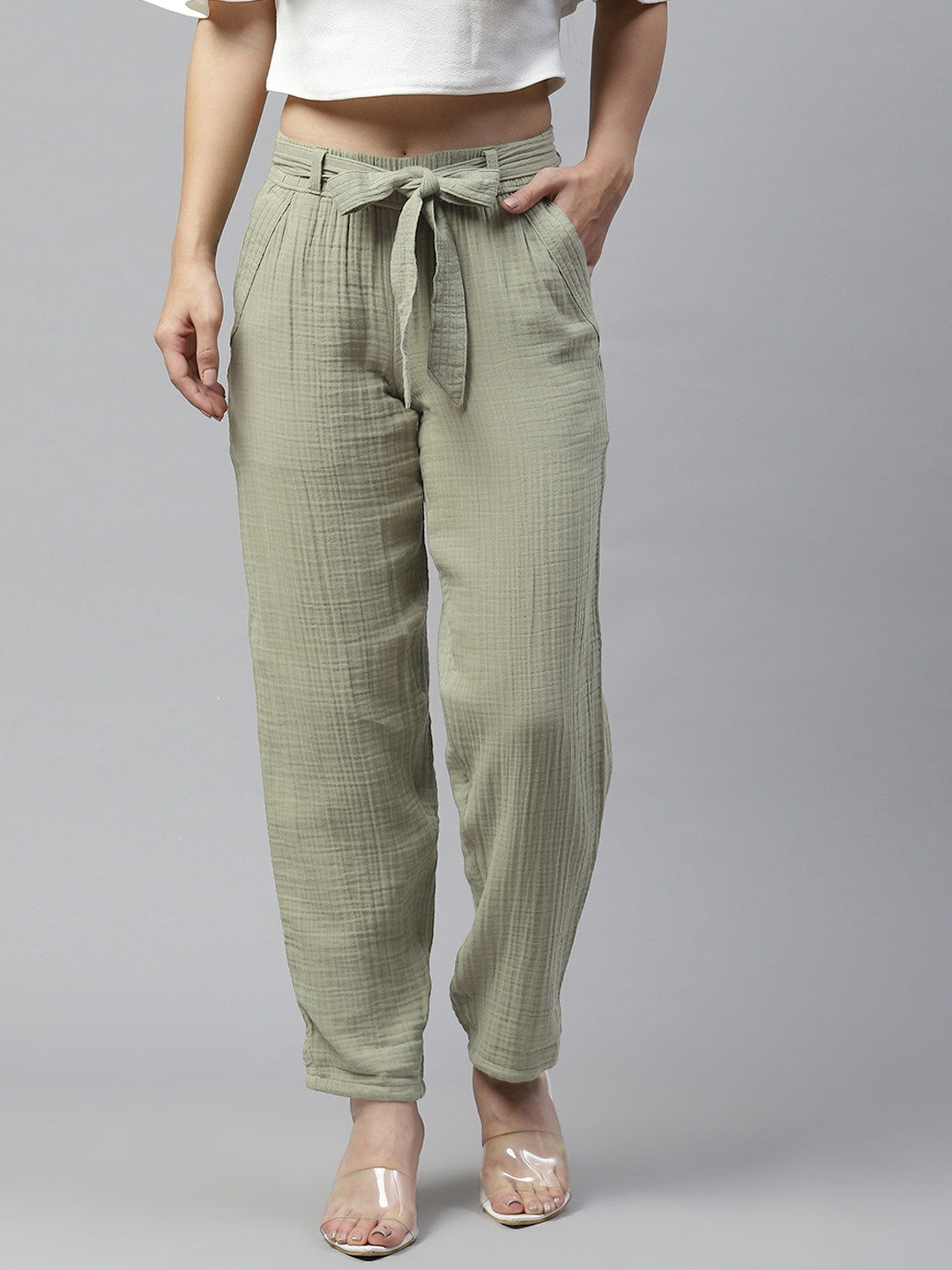 Buy Marks Spencer Women Olive Green Tapered Fit Ankle Grazer