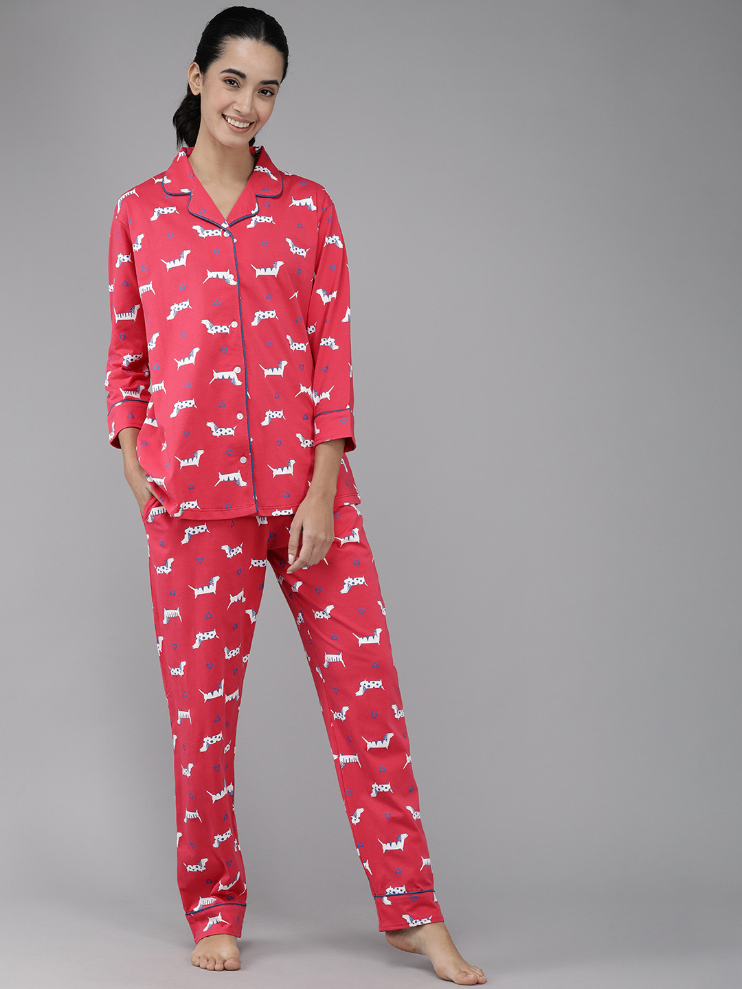 Zeyo Women Pink & White Printed Cotton Night suit