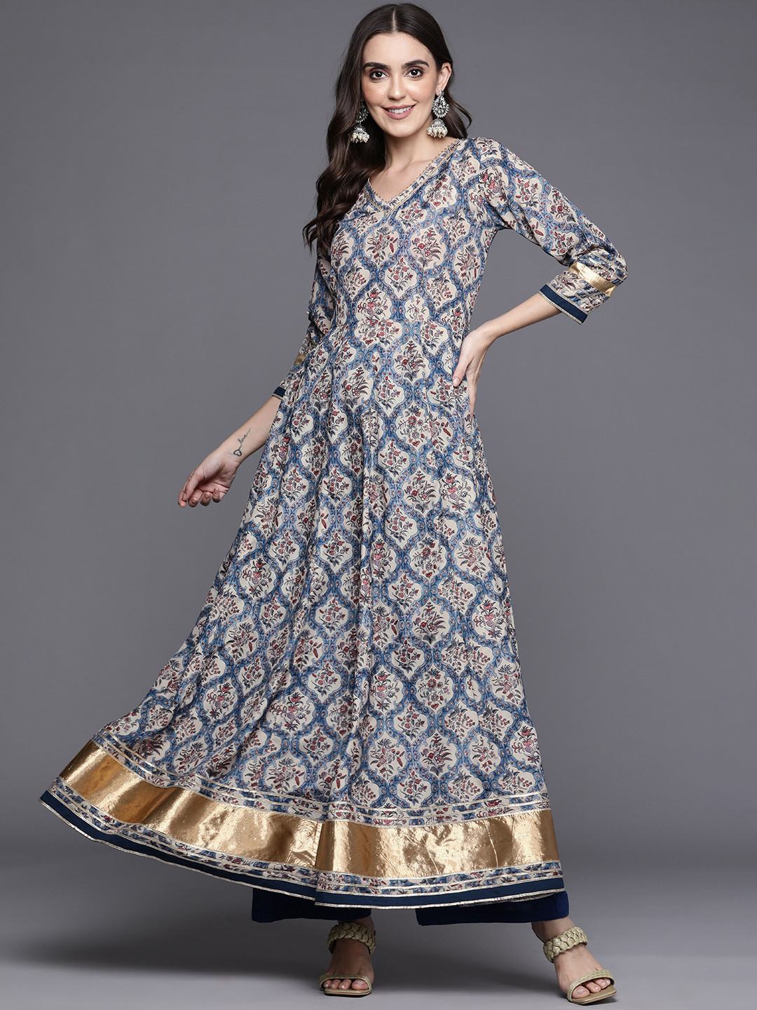 KSUT Women Women Blue & Taupe Ethnic Motifs Printed Anarkali Kurta