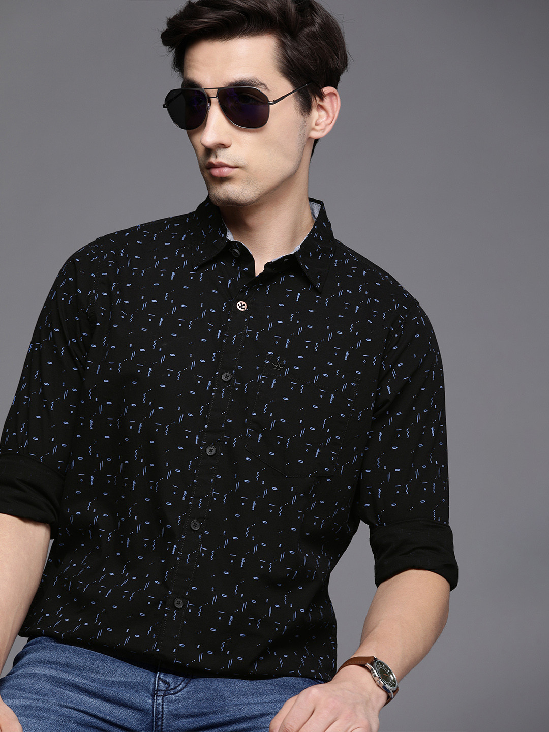 WROGN Men Black Abstract Printed Slim Fit Pure Cotton Casual Shirt
