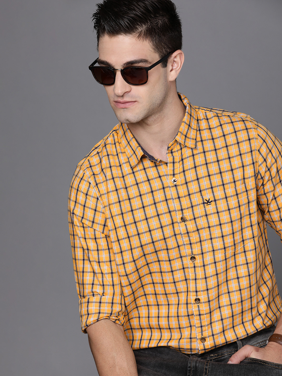 WROGN Men Yellow Slim Fit Checked Casual Shirt