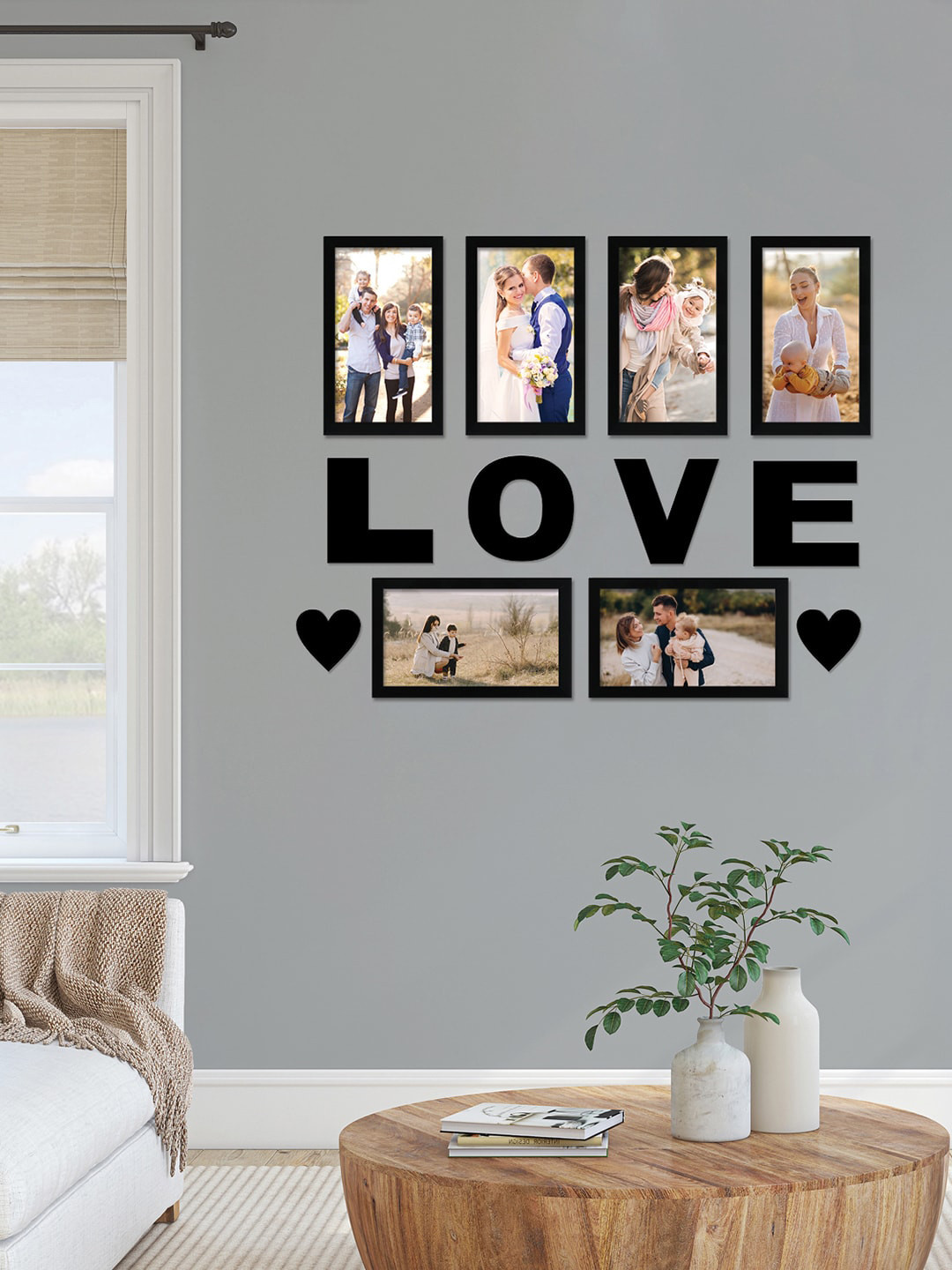 RANDOM Black Set Of 6 Solid Wall Photo Frames With Love & Heart Plaque