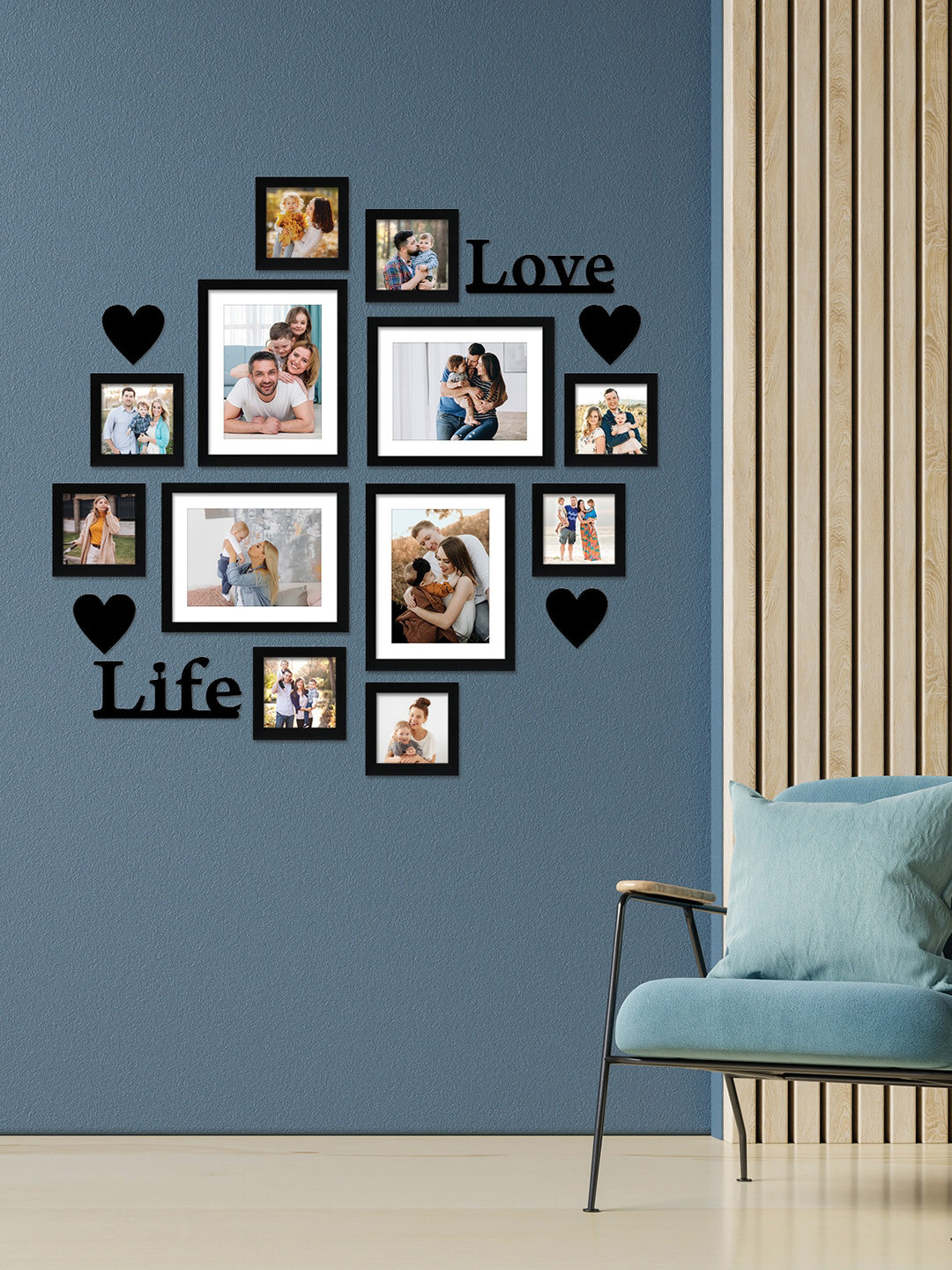 RANDOM Set Of 12 Black Solid Wall Photo Frames With Love Life & Heart Plaque