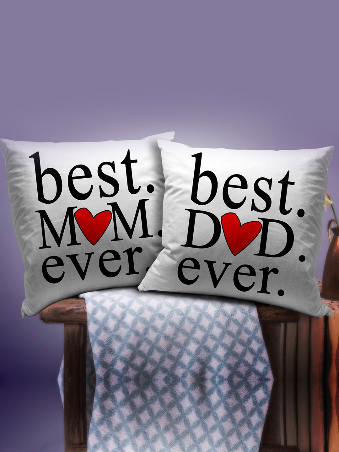 TIED RIBBONS Set of 2 White & Black Mom Dad Gift Cushion Cover with Filler Combo