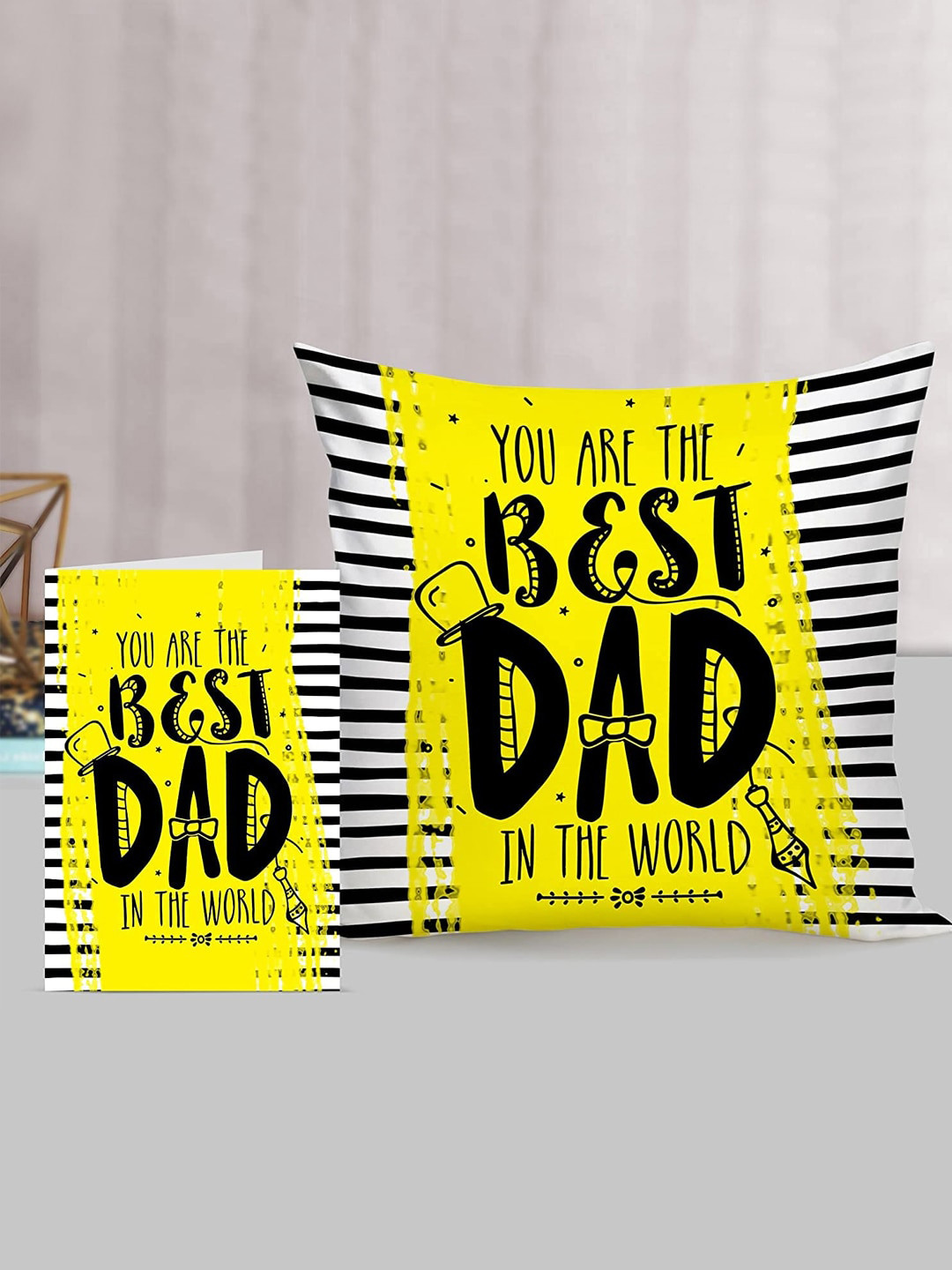 TIED RIBBONS Yellow & Black Fathers Day Gift Set Printed Cushion Cover with Filler & Card