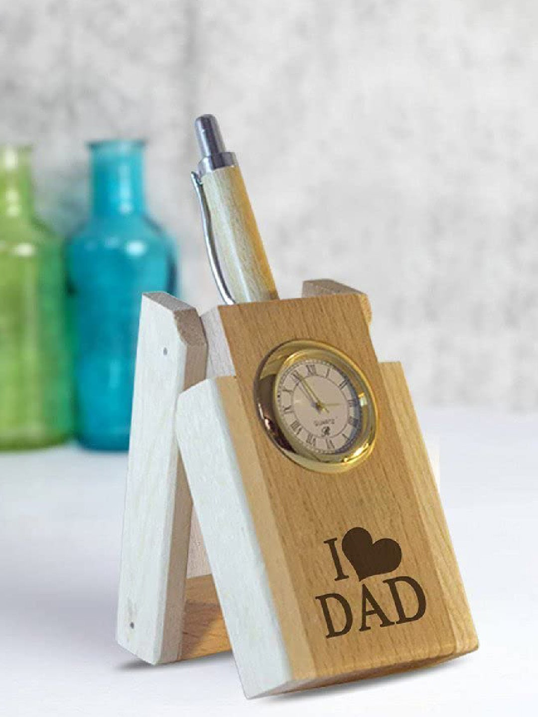 TIED RIBBONS Beige Colored Pen Stand With Pen & Greeting Card Home Gift Sets