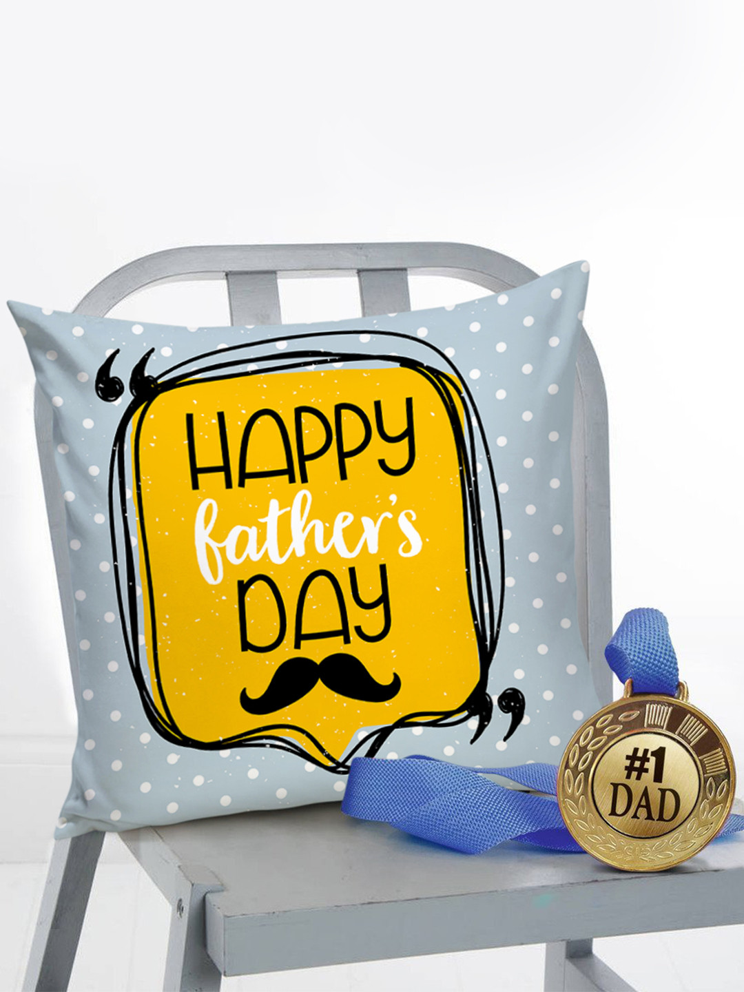 TIED RIBBONS Yellow & White Fathers Day Gift Cushion Cover with Filler and Golden Medal