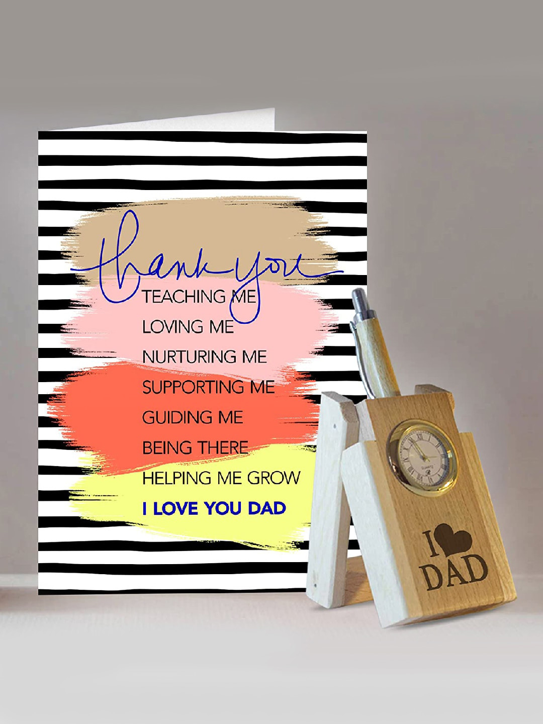 TIED RIBBONS White & Brown  Fathers Day Gift Pen Stand with Pen & Greeting Card