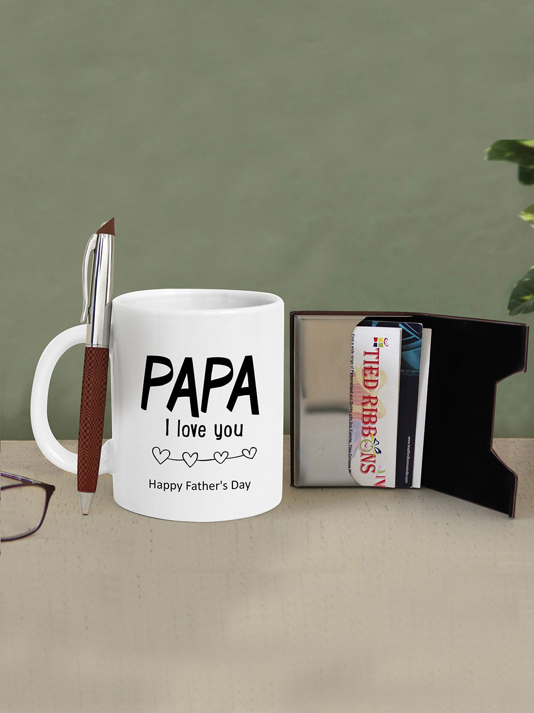 TIED RIBBONS White Fathers Day Gift Set Coffee Mug with Card Holder & Pen