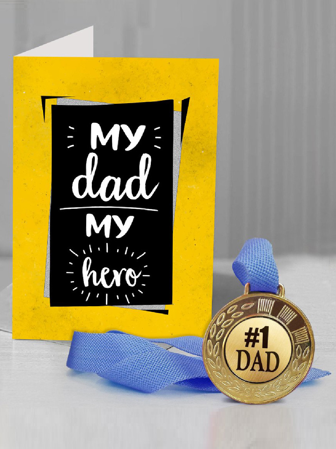 TIED RIBBONS Yellow & Black Fathers Day Greeting Card With Medal