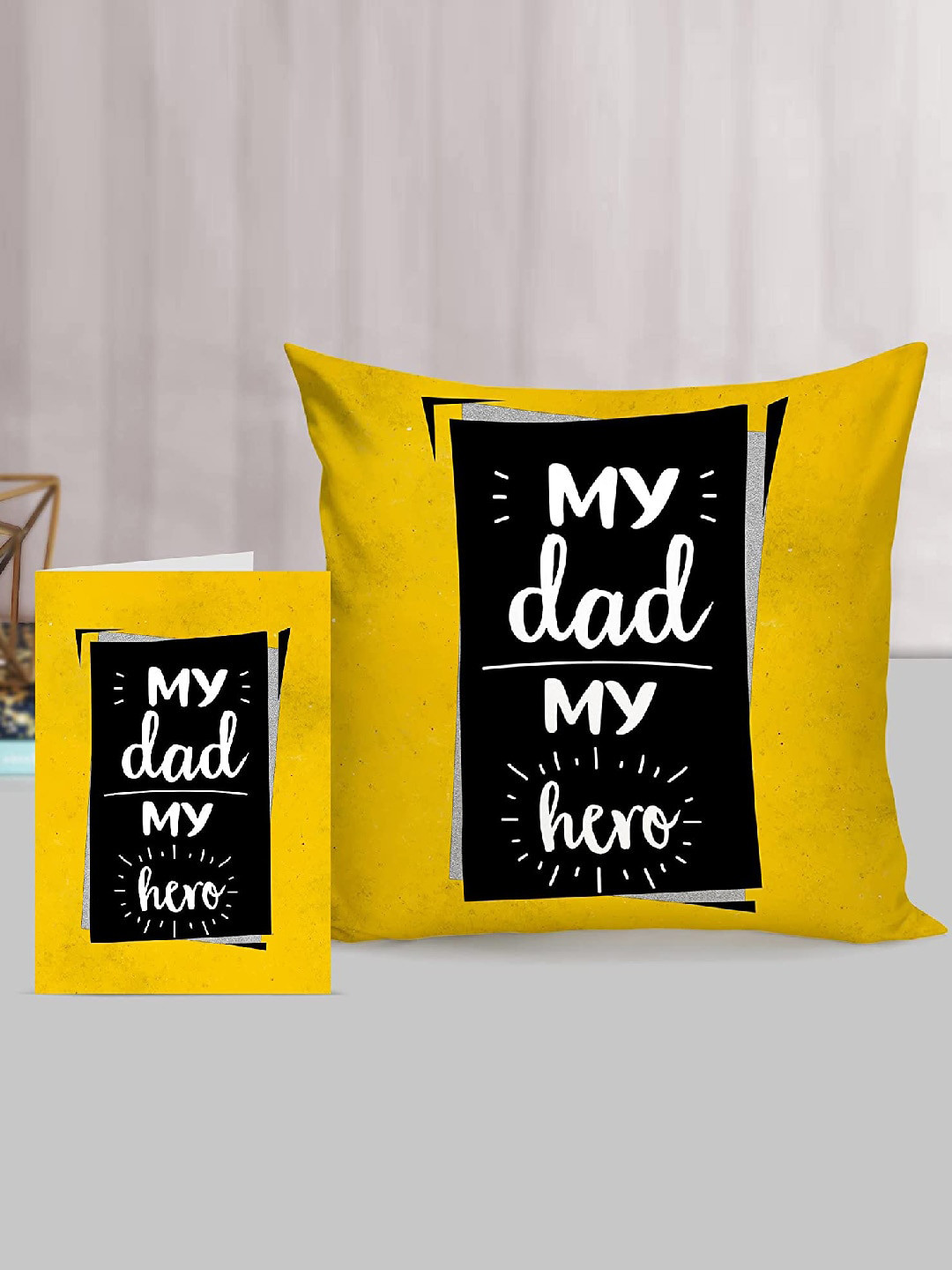 TIED RIBBONS Yellow & Black Fathers Day Gift Set Printed Cushion Cover with Filler & Card