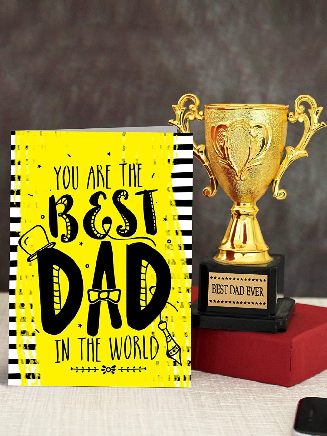 TIED RIBBONS Yellow & Black Fathers Day Gift Set Golden Trophy with Greeting Card