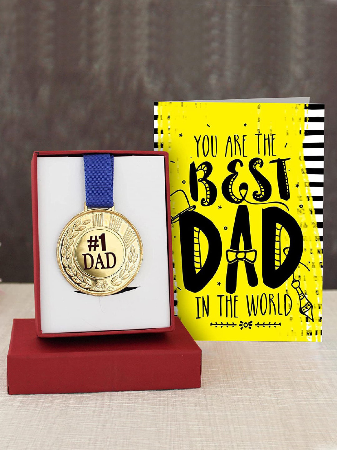 TIED RIBBONS Gold-Toned & Yellow Fathers Day Gift Golden Medal with Greeting Card