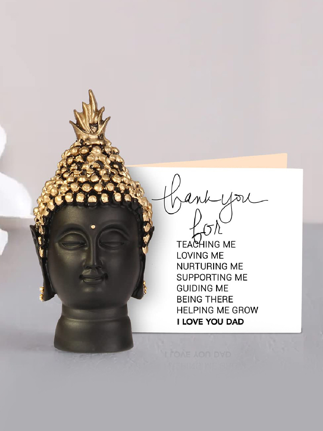 TIED RIBBONS Gold & Black Fathers Day Buddha Head Idol Showpiece with Card
