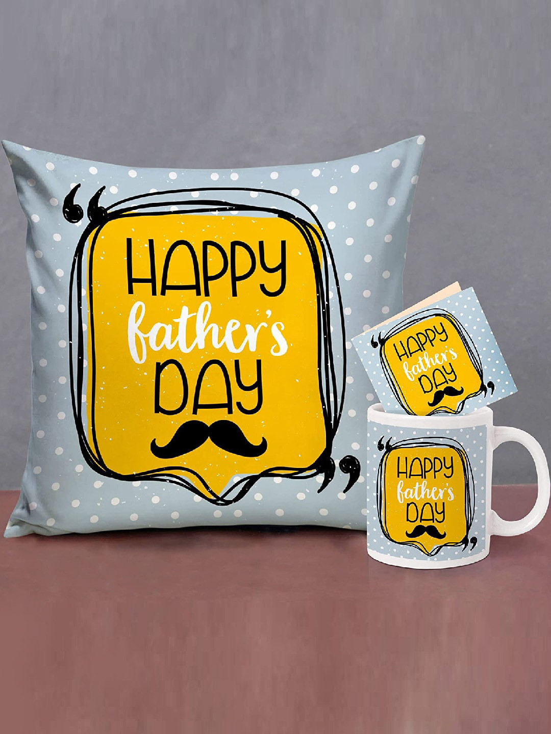 TIED RIBBONS Yellow & Blue Fathers Day Gift Hamper Printed Cushion with Mug and Card