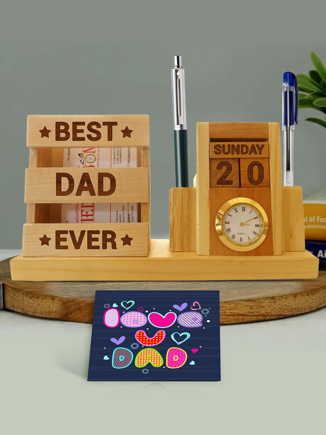 TIED RIBBONS Blue & Brown Fathers Day Gift Wooden Pen Stand Holder with Card