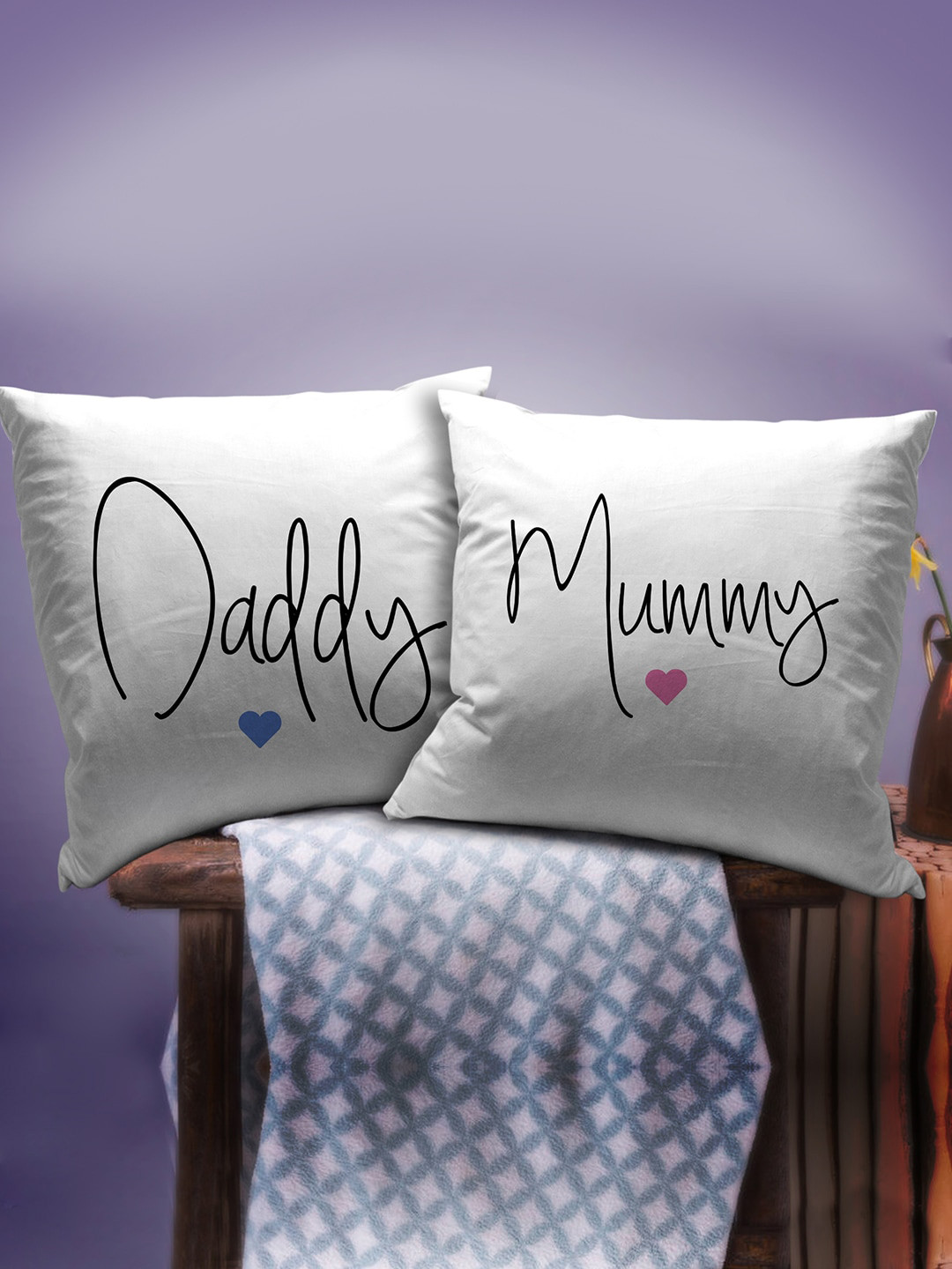 TIED RIBBONS Set Of 2 White Printed Cushion Cover with Filler Mom Dad Gift Hamper
