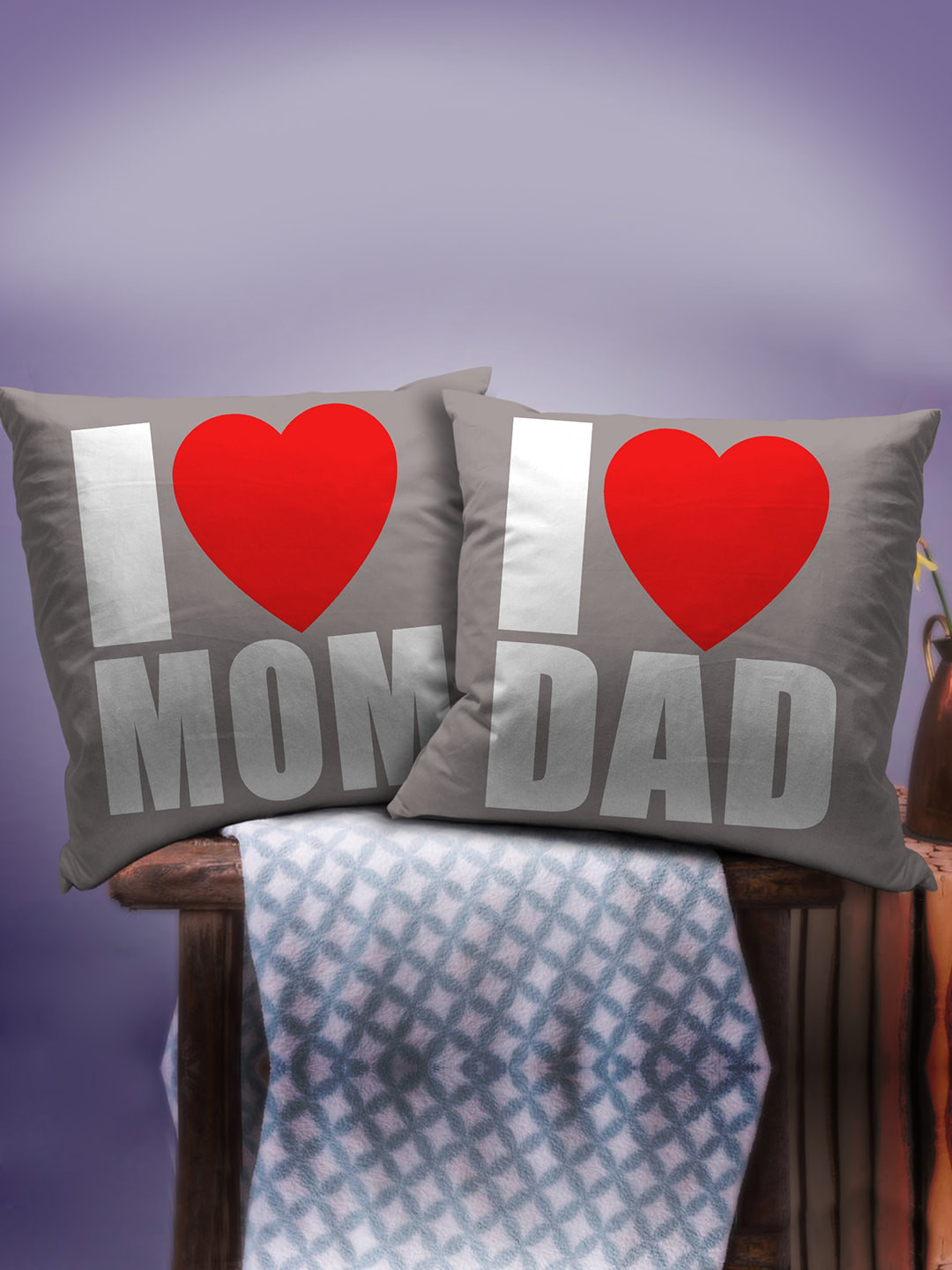 TIED RIBBONS Set of 2 Grey & Red Mom Dad Anniversary Gift Cushion Cover With Filler