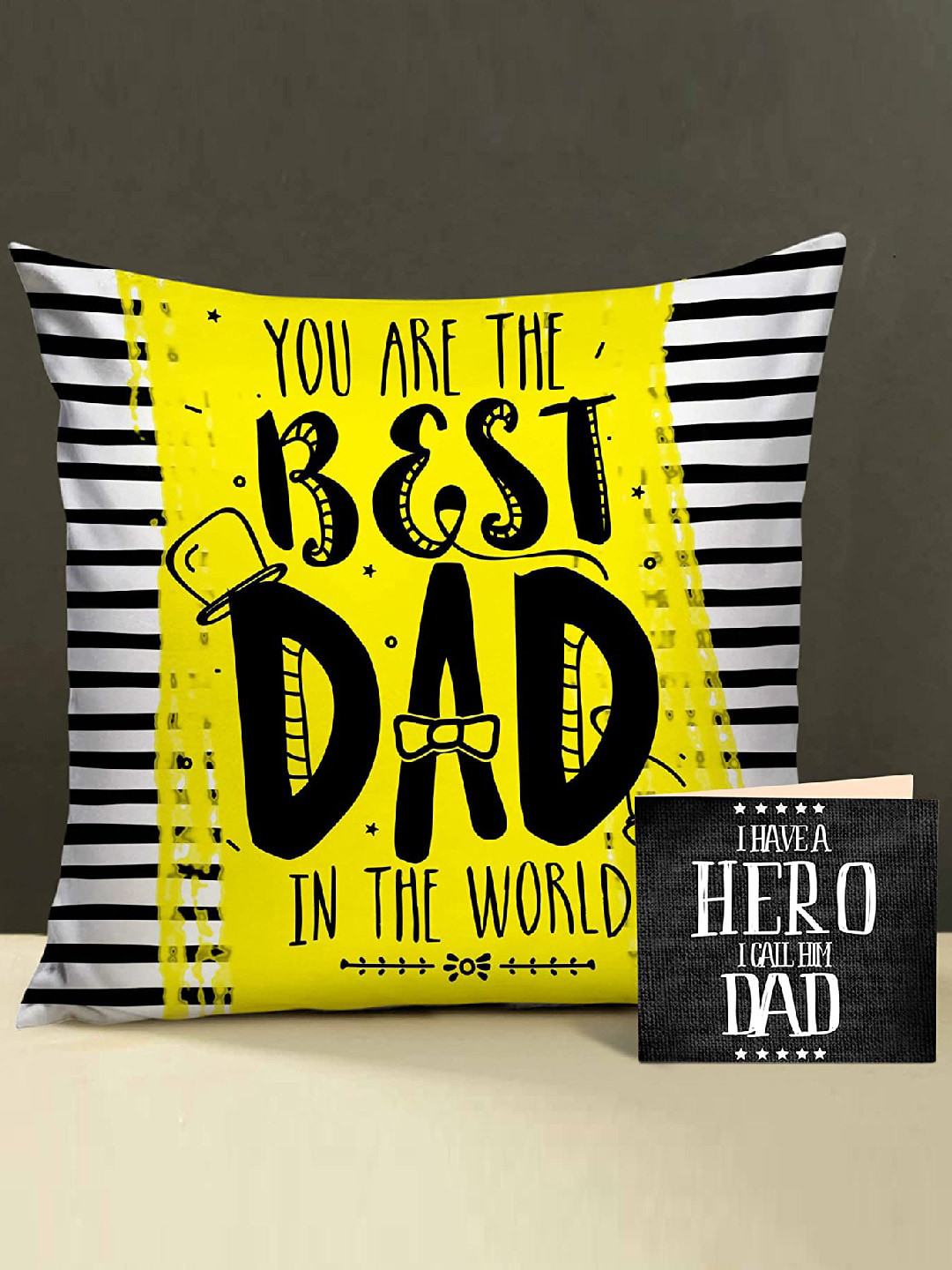 TIED RIBBONS White & Yellow Fathers Day Gift Set Printed Cushion Cover with Filler & Card
